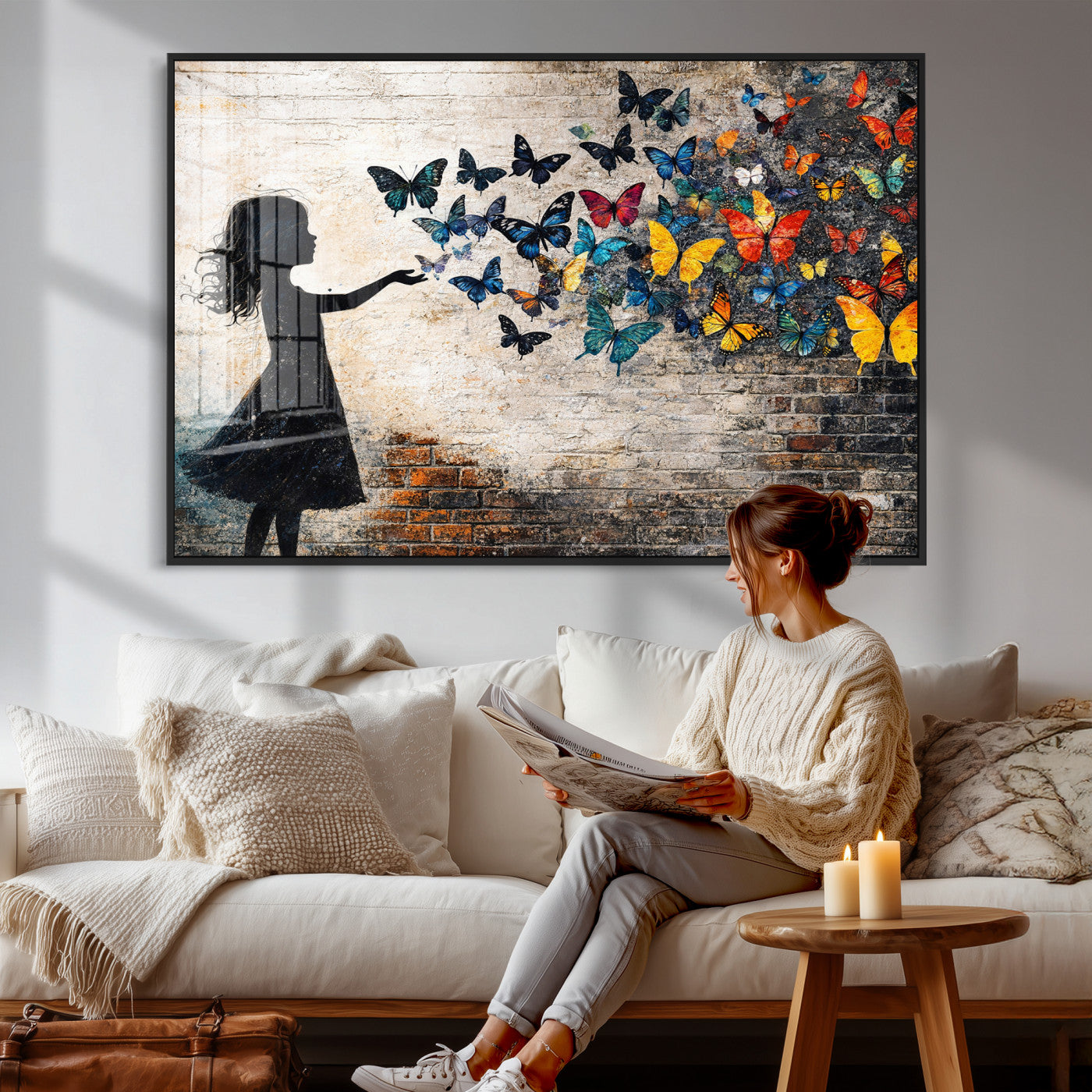 70522594-MGV-CV-36X24 - Banksy Butterfly Girl Wall Art Canvas Print, Framed Street Art Canvas Print, Graffiti Silhouette Butterfly Wall Art for Living Room Bedroom Office