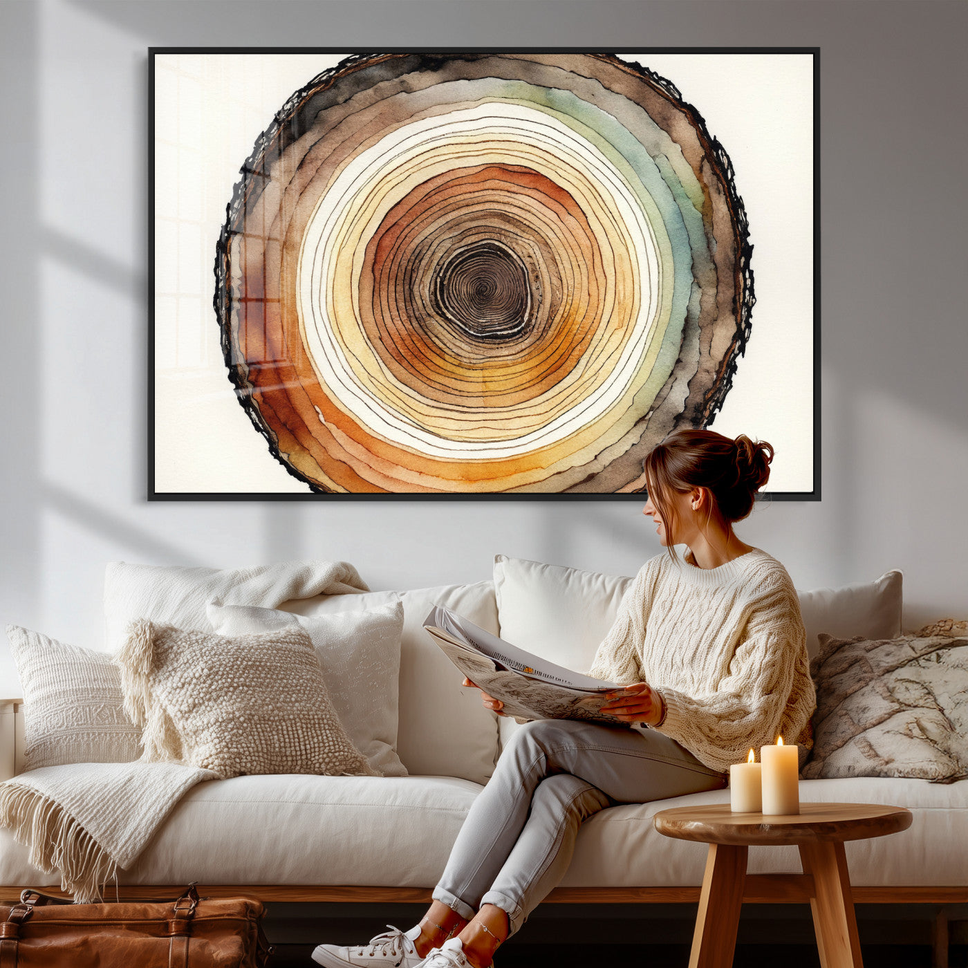 13719680-MGV-CV-36X24 - Natural Wood Slice Wall Art Canvas Print, Tree Ring Wall Art, Framed Abstract Nature Wall Decor, Earth Tone Statement Canvas Print