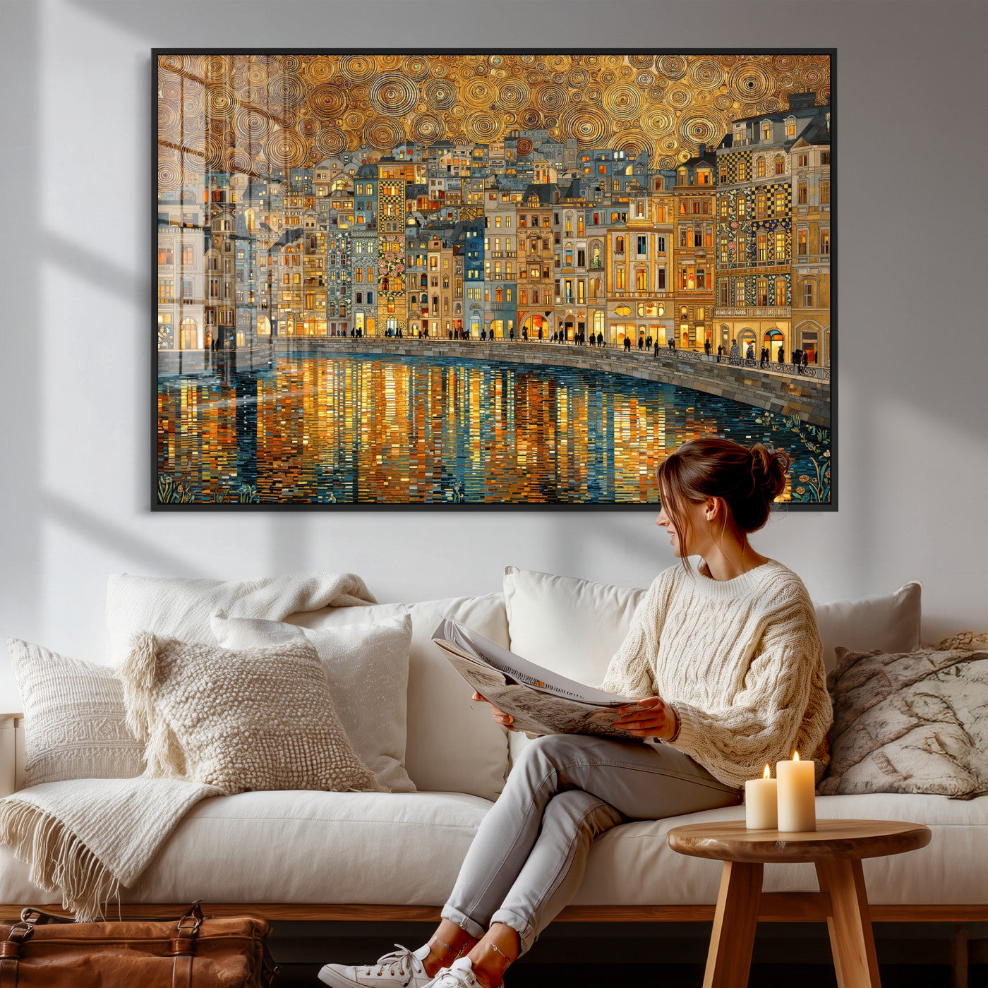 94022787-MGV-CV-36X24 - Gustav Klimt Golden Cityscape Wall Art Canvas Print, Framed River Town Landscape Artwork, Ornate Architecture Wall Decor for Living Room Bedroom Office