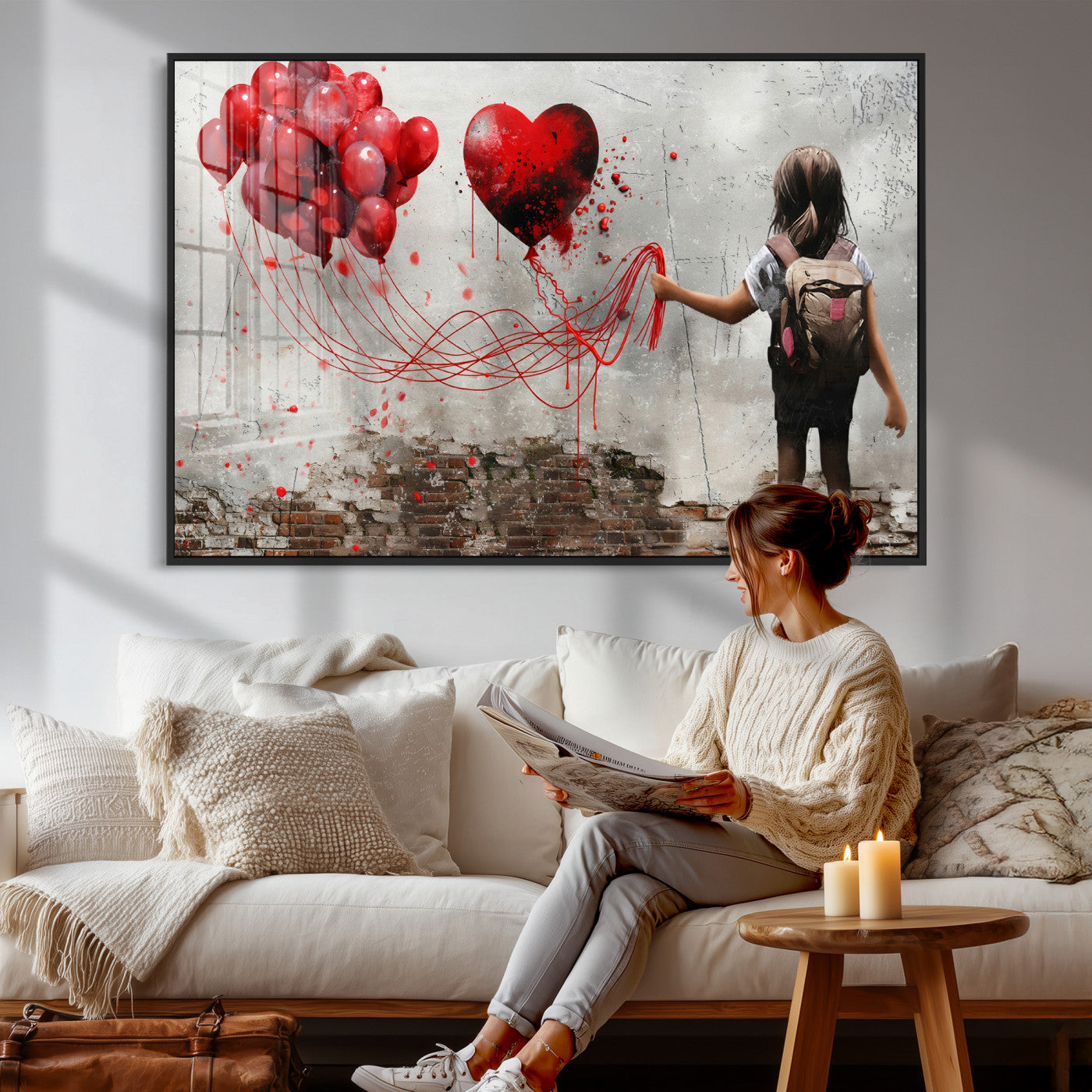 2162830T-MGV-CV-36X24 - Girl Graffiti Wall Art Canvas Print, Red Balloon Heart Street Art, Urban Love Artwork for Living Room Bedroom Hallway Office, Modern Abstract Canvas Wall Decor Home Decor