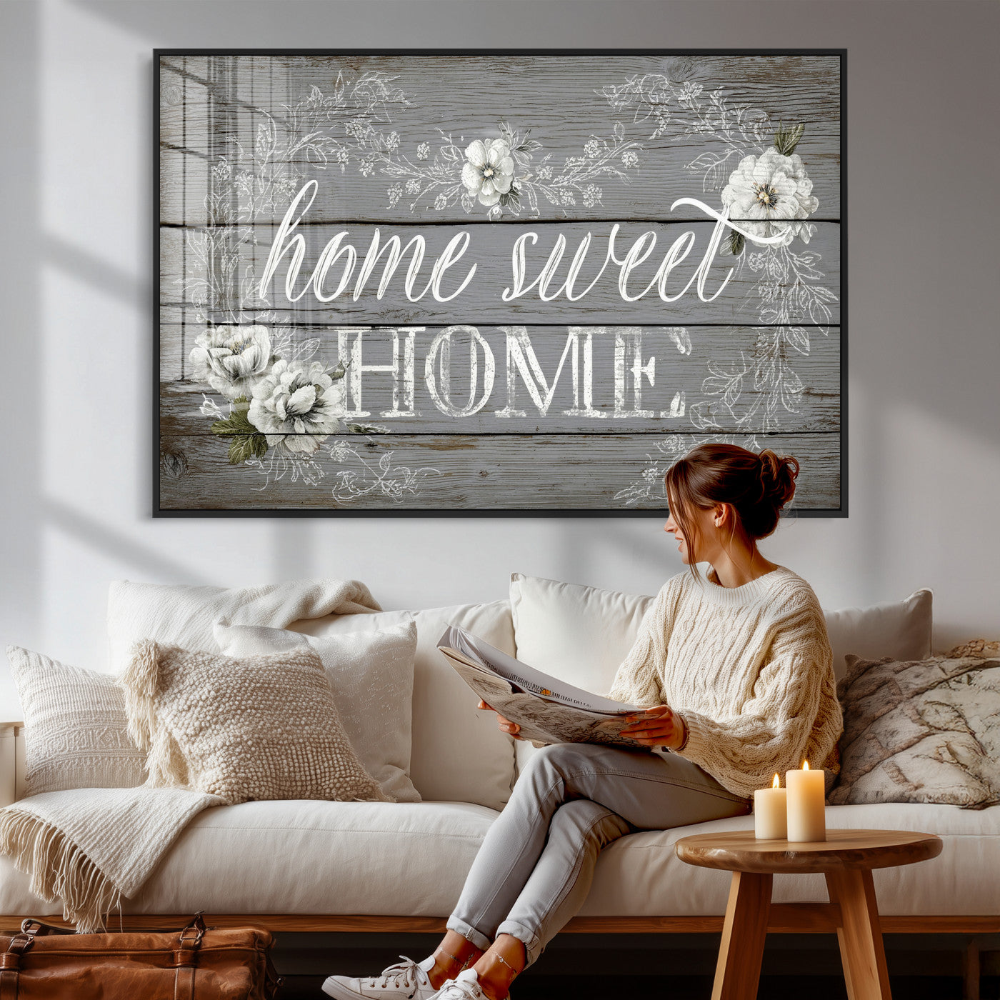 42160089-MGV-CV-36X24 - Home Sweet Home Sign Wall Art Canvas Print, Floral Farmhouse Sign, Rustic Neutral Entryway Bedroom Living Room Decor
