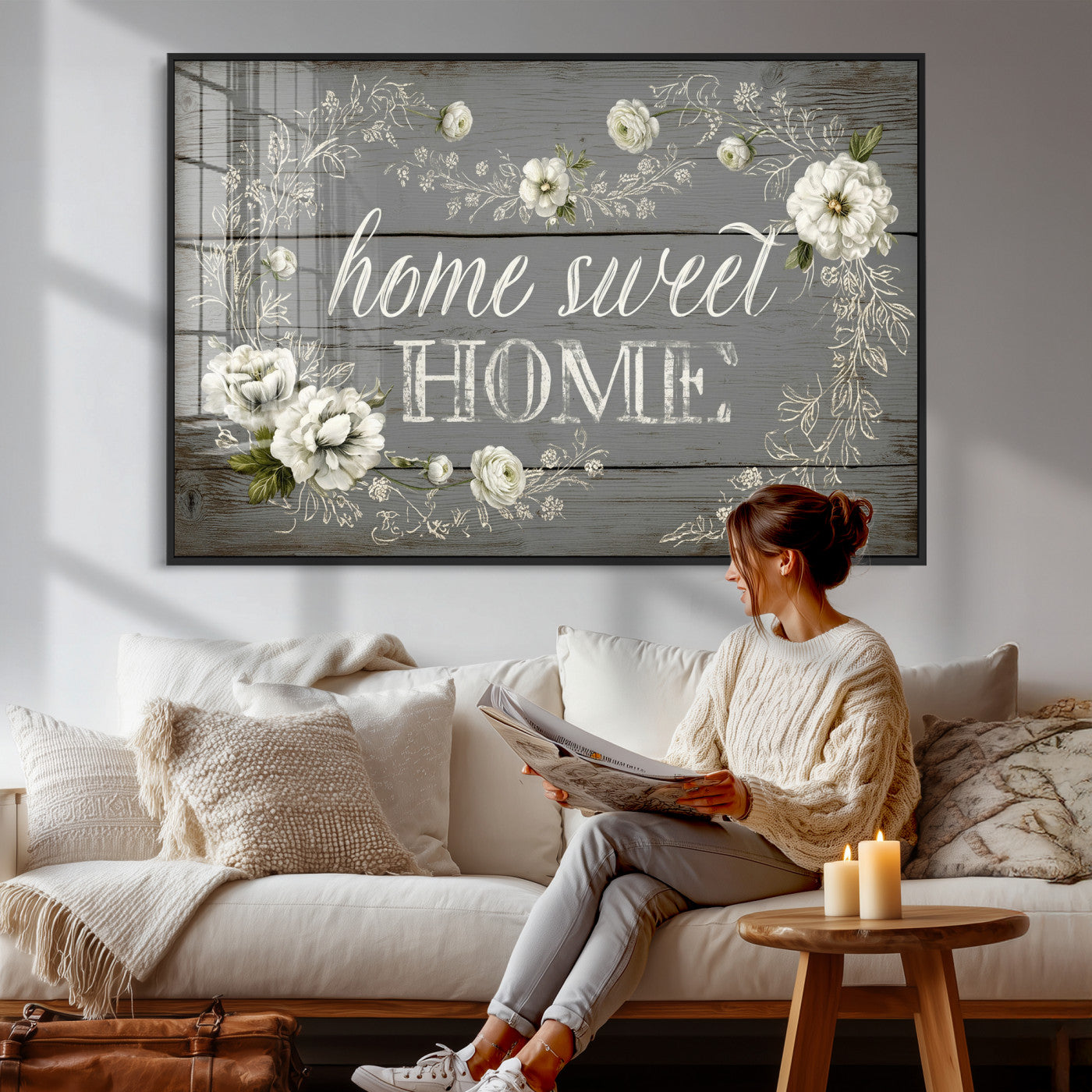32056075-MGV-CV-36X24 - Home Sweet Home Wall Art Canvas Print, Floral Farmhouse Sign, Rustic Neutral Entryway Bedroom Living Room Decor