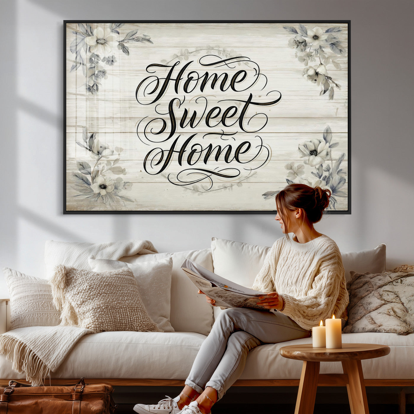 11120405-MGV-CV-36X24 - Home Sweet Home Wall Art Canvas Print, Floral Farmhouse Sign, Rustic Neutral Entryway Bedroom Living Room Decor