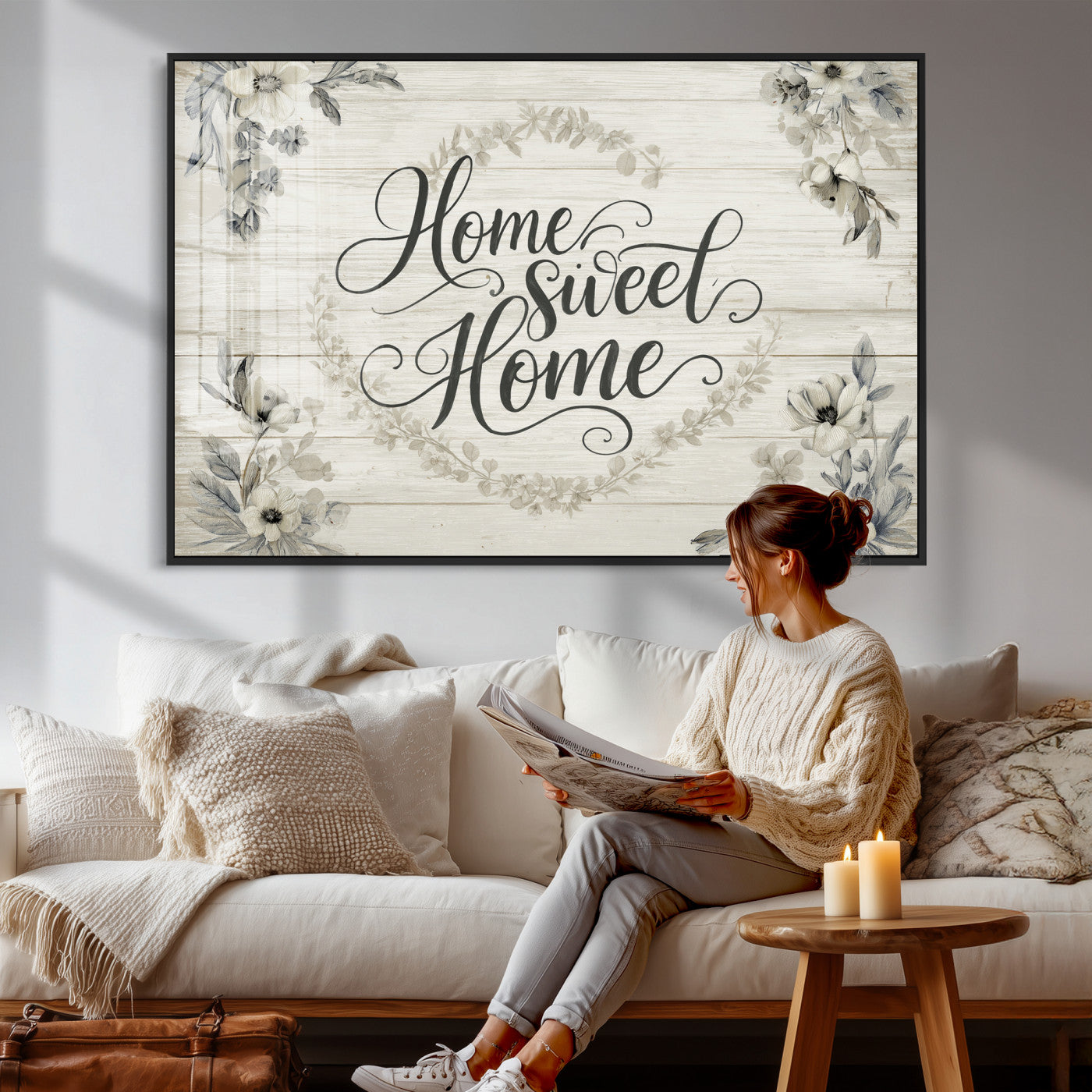 81157008-MGV-CV-36X24 - Home Sweet Home Wall Art Canvas Print, Floral Farmhouse Sign, Rustic Neutral Entryway Bedroom Living Room Decor