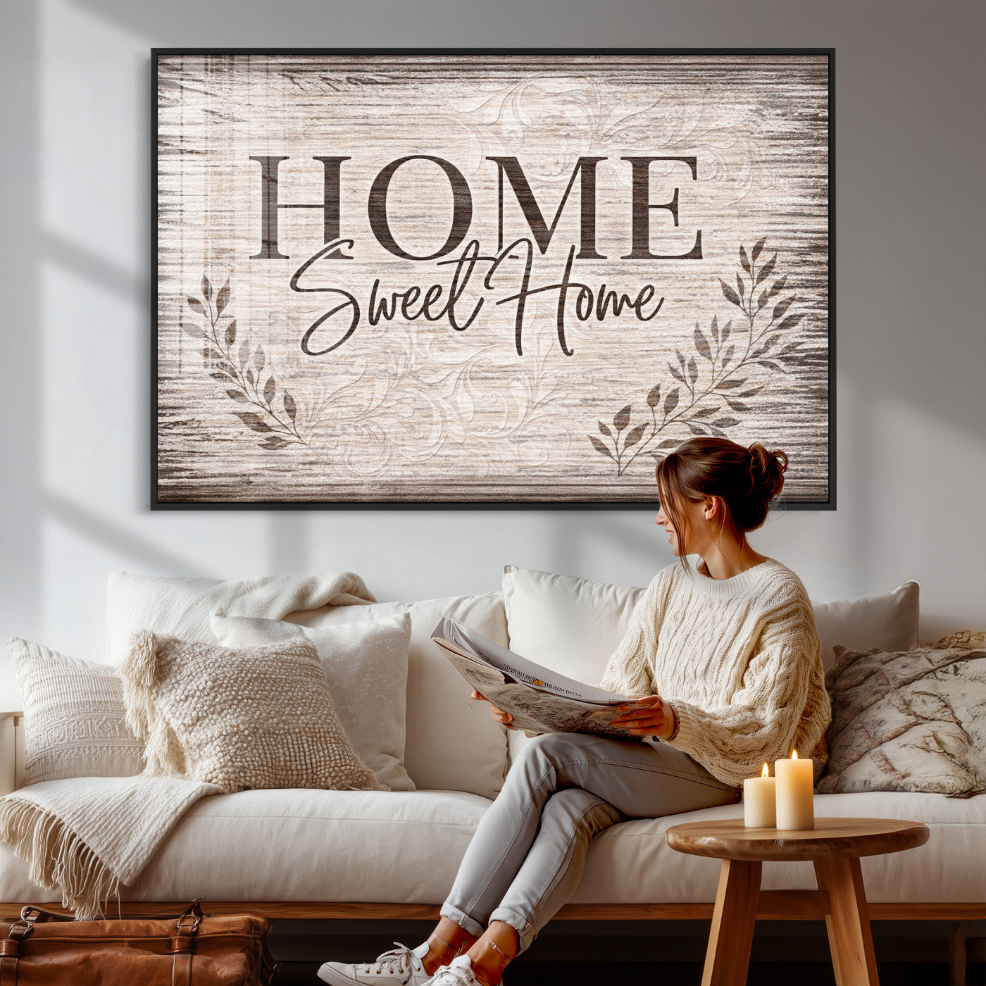 81157008S-MGV-CV-36X24 - Home Sweet Home Wall Art Canvas Print, Floral Farmhouse Sign, Rustic Neutral Entryway Bedroom Living Room Decor