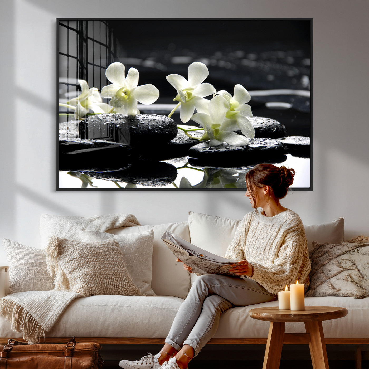 79486206-MGV-CV-36X24 - Plumeria Frangipani Black Stone Canvas | White Flower Spa Photography Print | Tropical Zen Wall Art | Grey Pebble Floral for Meditation Room Decor