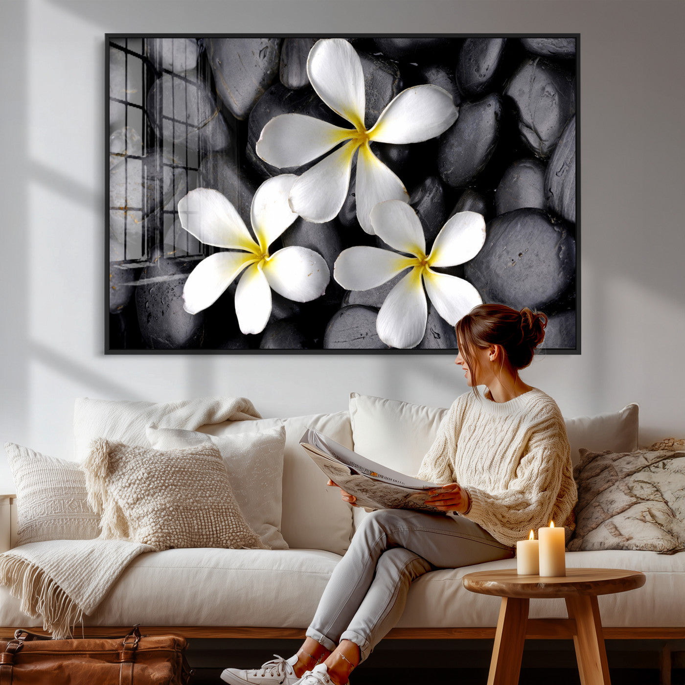 43639613-MGV-CV-36X24 - Plumeria Frangipani Black Stone Canvas | White Flower Spa Photography Print | Tropical Zen Wall Art | Grey Pebble Floral Decor