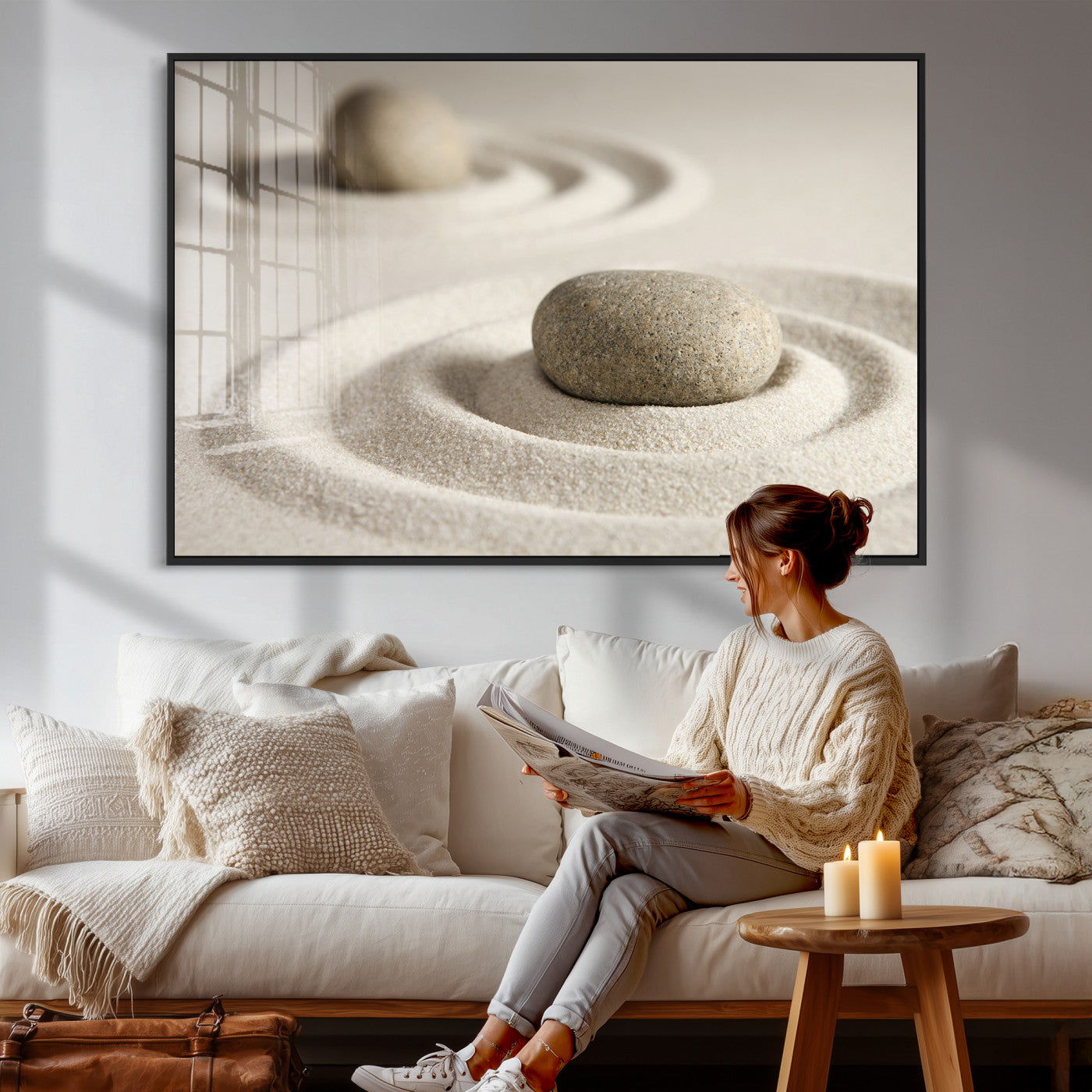 13397966-MGV-CV-36X24 - Zen Garden Stone Sand Canvas | Japanese Rock Garden Wall Art | Minimalist Meditation Print | Neutral Beige Mindfulness Decor