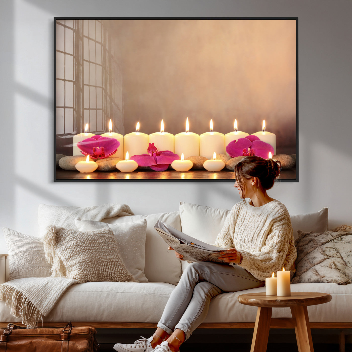 59470569-MGV-CV-36X24 - Spa Candles Orchid Canvas Print | Zen Wellness Relaxation Wall Art | Pink Flower Candlelight Bathroom Decor | Calm Beige Photography