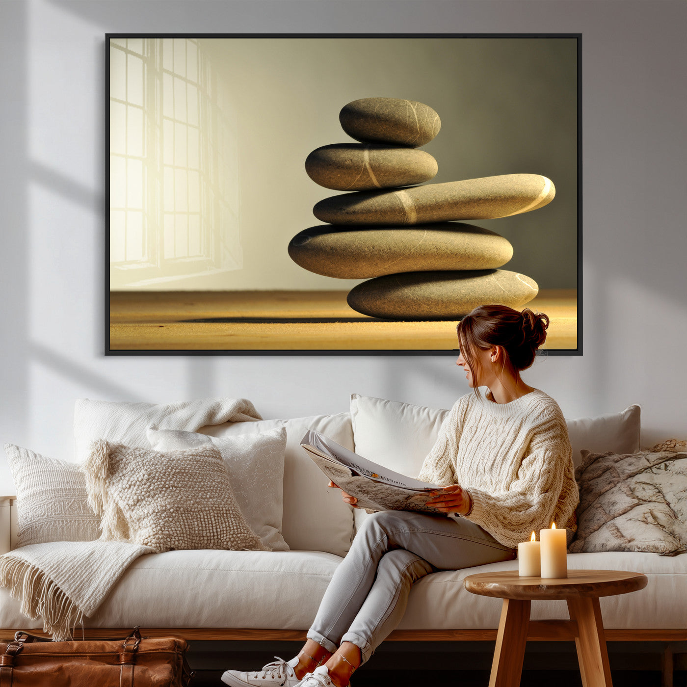 85424263-MGV-CV-36X24 - Zen Stone Wall Art Canvas Print, Balanced Rock Stack Framed Spa Artwork, Minimalist Meditation Decor for Living Room Bedroom Office Bathroom
