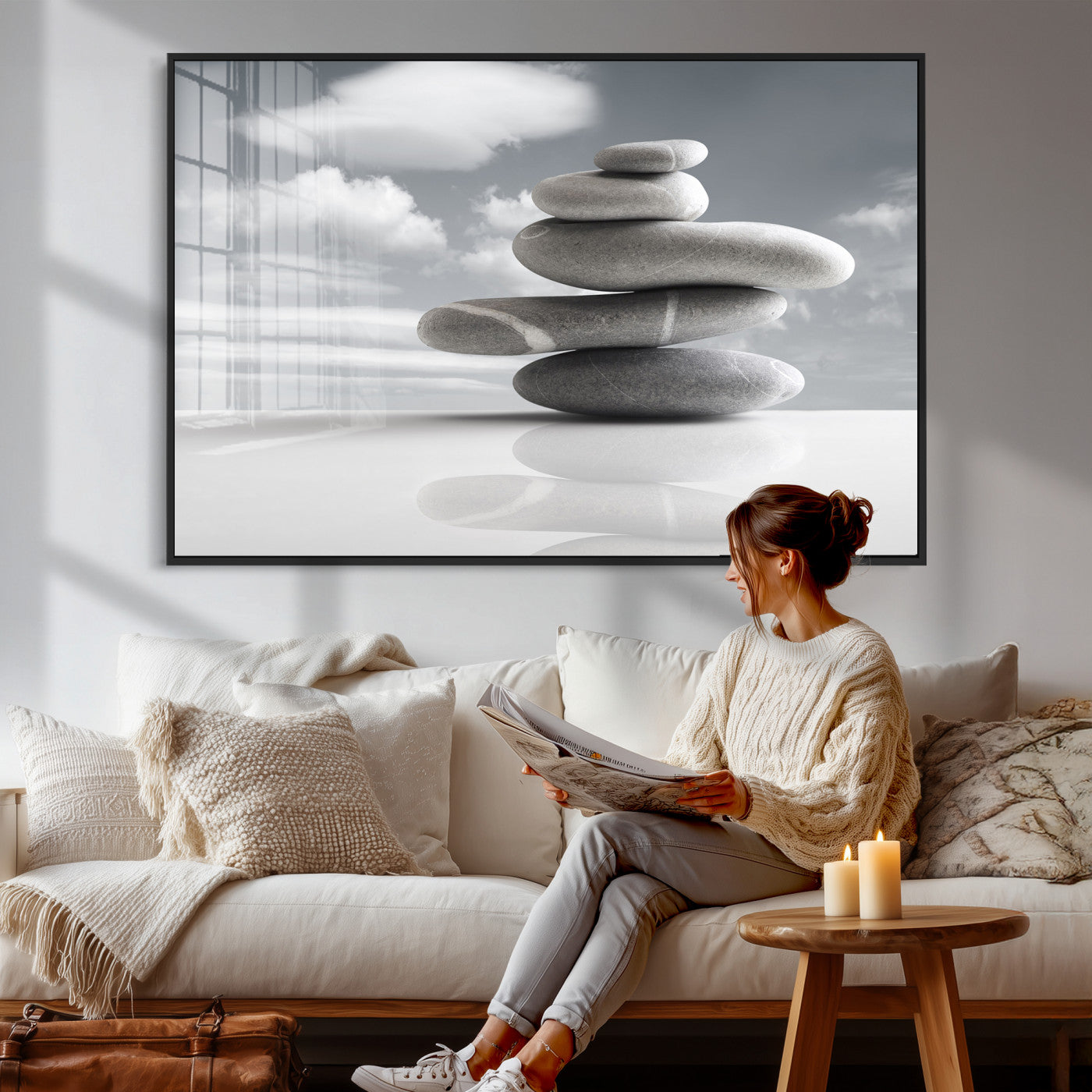 86426188-MGV-CV-36X24 - Zen Stone Wall Art Canvas Print, Balanced Rock Stack Framed Spa Artwork, Minimalist Meditation Decor for Living Room Bedroom Office Bathroom