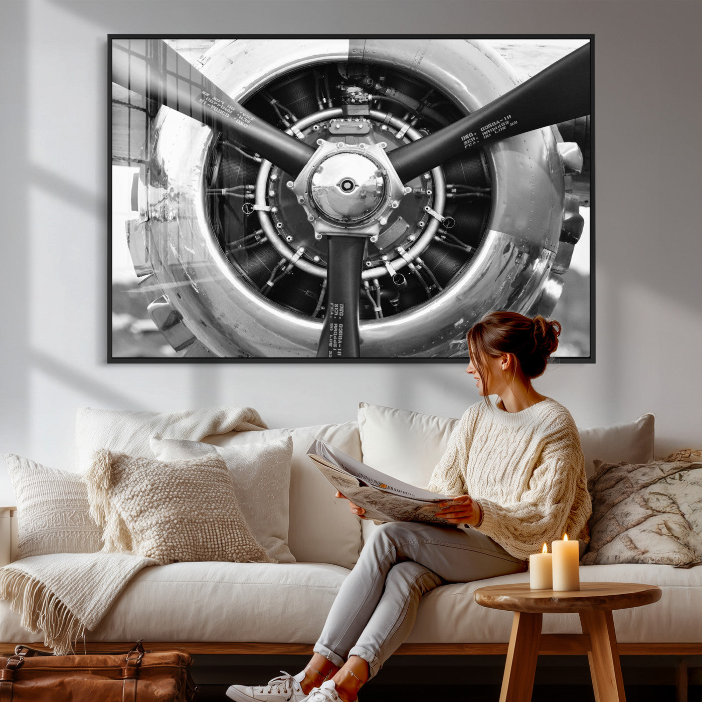 73322230-MGV-CV-36X24 - Vintage Propeller Plane Wall Art Canvas Print, Black and White Airplane Engine Close Up Framed Aviation Artwork for Pilot Office Hangar Decor