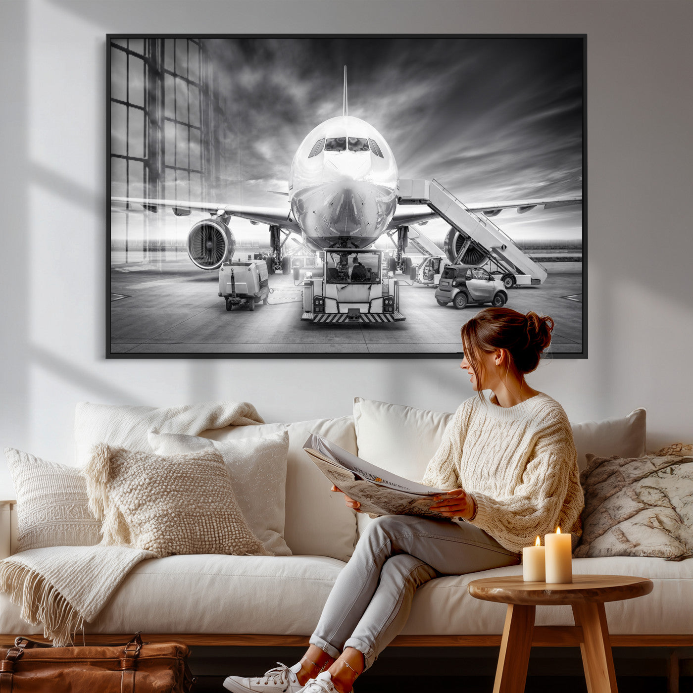 85885848-MGV-CV-36X24 - Airplane Wall Art Canvas Print, Black and White Jet Aircraft Airport Runway Framed Aviation Artwork for Pilot Office Hangar Travel Decor