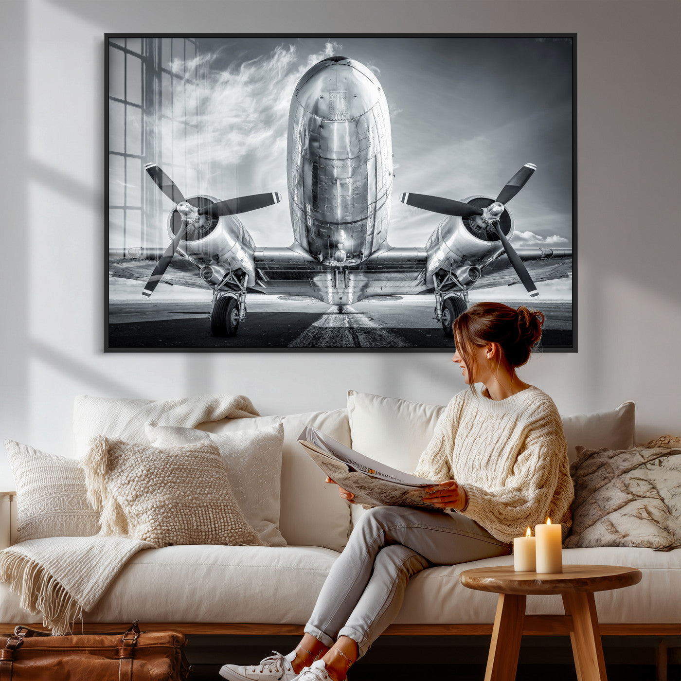 59729636-MGV-CV-36X24 - Vintage Propeller Plane Wall Art Canvas Print, Black and White Airplane Engine Close Up Framed Aviation Artwork for Pilot Office Hangar Decor