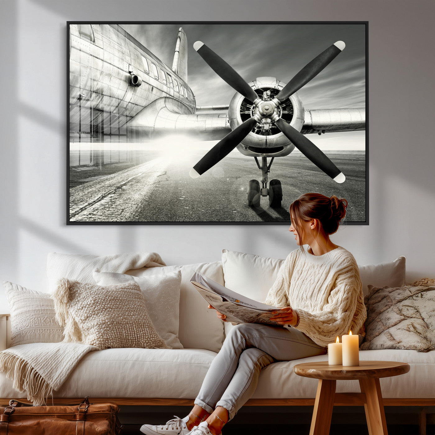 16420255-MGV-CV-36X24 - Vintage Airplane Wall Art Canvas Print, Black and White Propeller Aircraft Framed Aviation Artwork for Pilot Office Hangar Living Room Decor