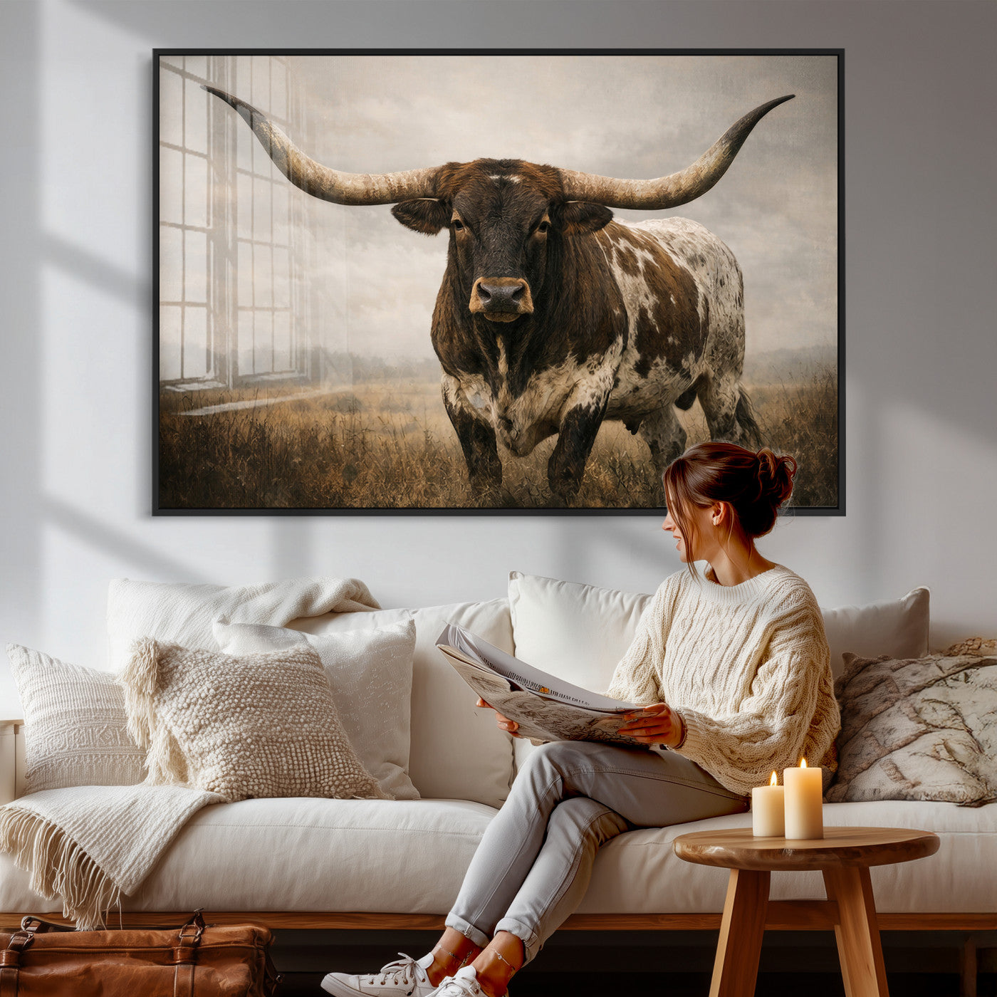 17622011L-MGV-CV-36X24 - Longhorn Bull Wall Art Canvas Print, Western Farmhouse Cowboy Decor, Rustic Texas Ranch Cattle Artwork for Living Room Bedroom Office, Framed Wall Decor