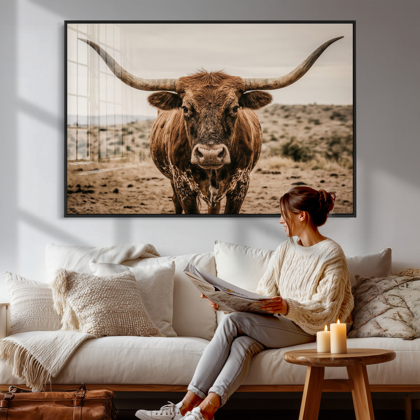 17622011K-MGV-CV-36X24 - Texas Longhorn Bull Wall Art Canvas Print, Western Farmhouse Cowboy Decor, Rustic Texas Ranch Cattle Artwork for Living Room Bedroom Office, Framed Wall Decor