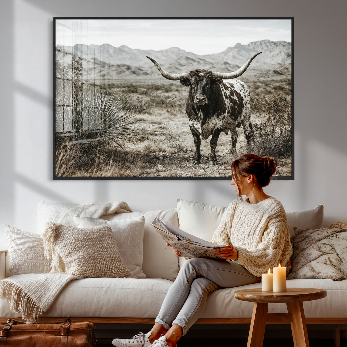 17622011H-MGV-CV-36X24 - Texas Longhorn Bull Wall Art Canvas Print, Western Farmhouse Cowboy Decor, Rustic Texas Ranch Cattle Artwork for Living Room Bedroom Office, Framed Wall Decor
