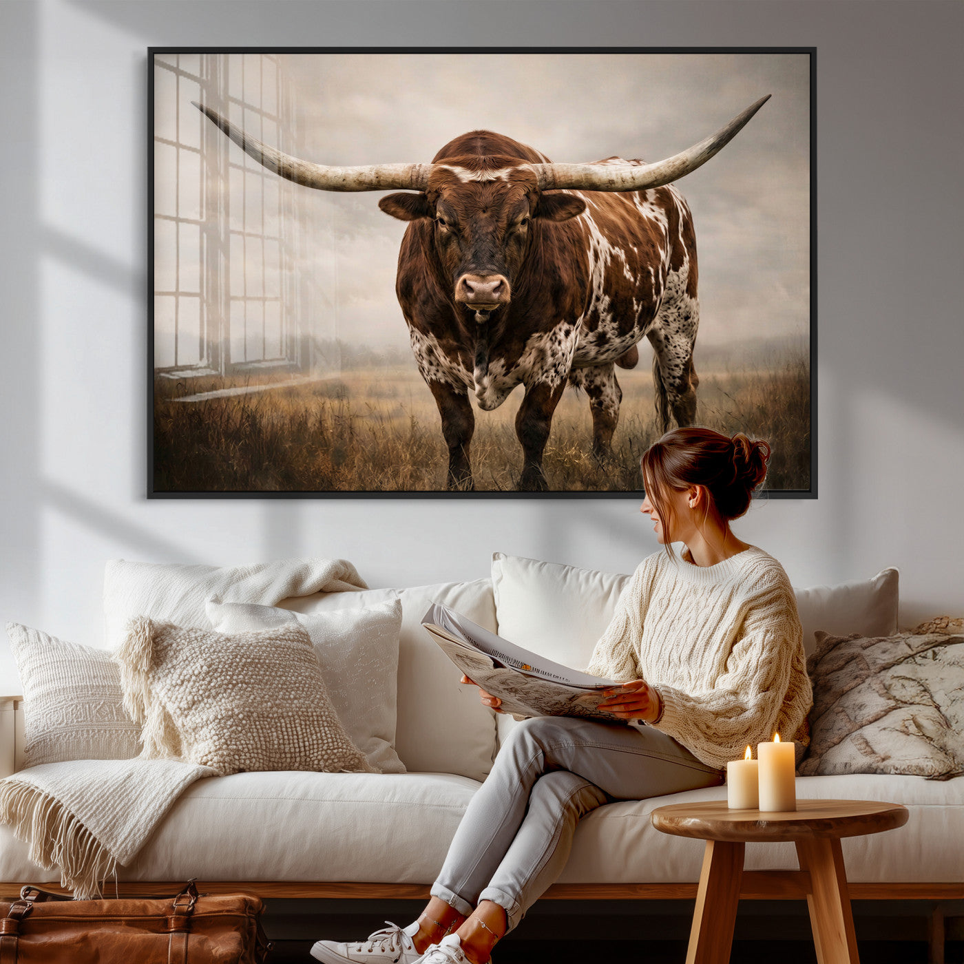 25239047-MGV-CV-36X24 - Texas Longhorn Canvas Wall Art Western Bull Desert Moody Grey Overcast Rustic Farmhouse Framed Large for Living Room Bedroom Office Decor