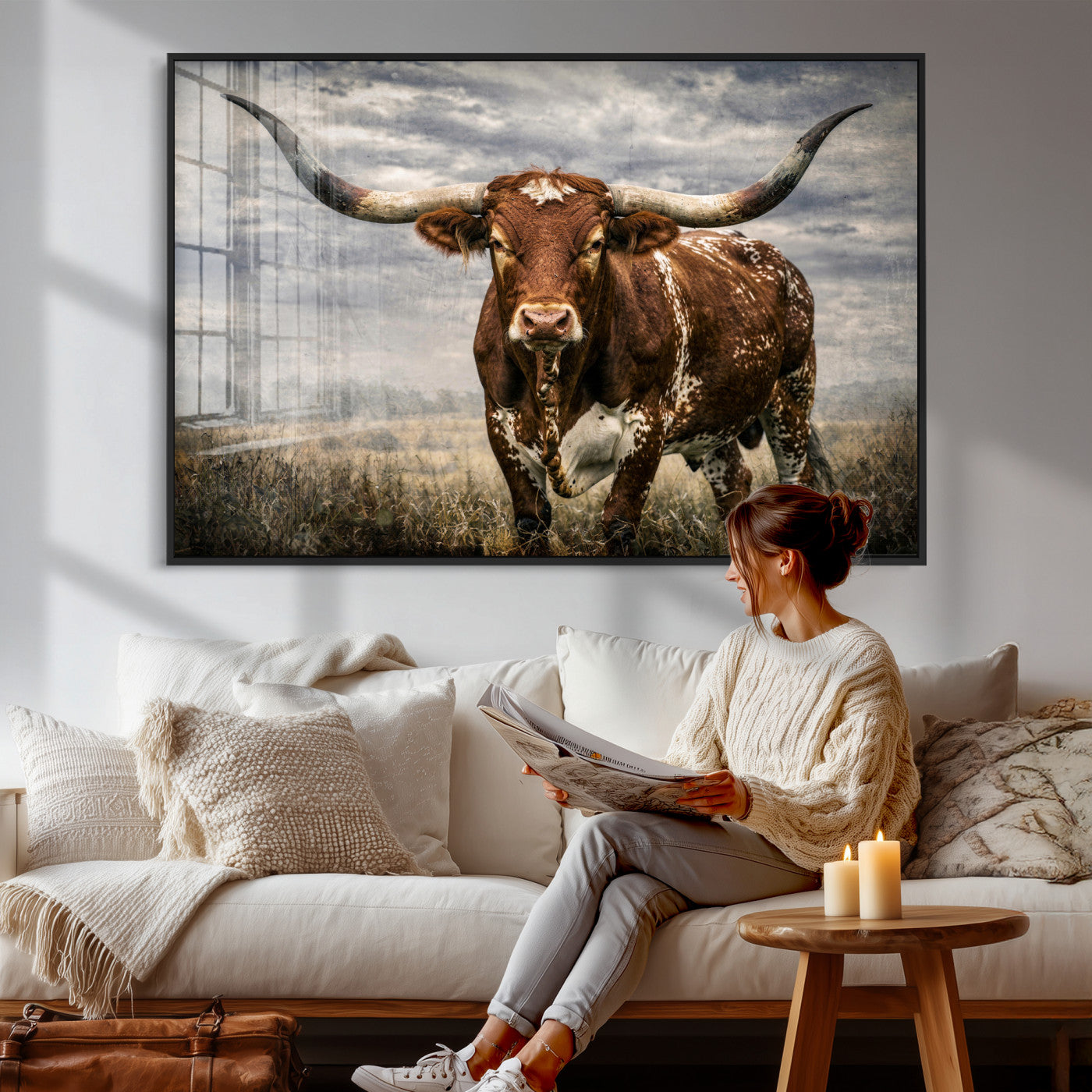 14372769-MGV-CV-36X24 - Texas Longhorn Canvas Wall Art Western Bull Desert Moody Grey Overcast Rustic Farmhouse Framed Large for Living Room Bedroom Office Decor