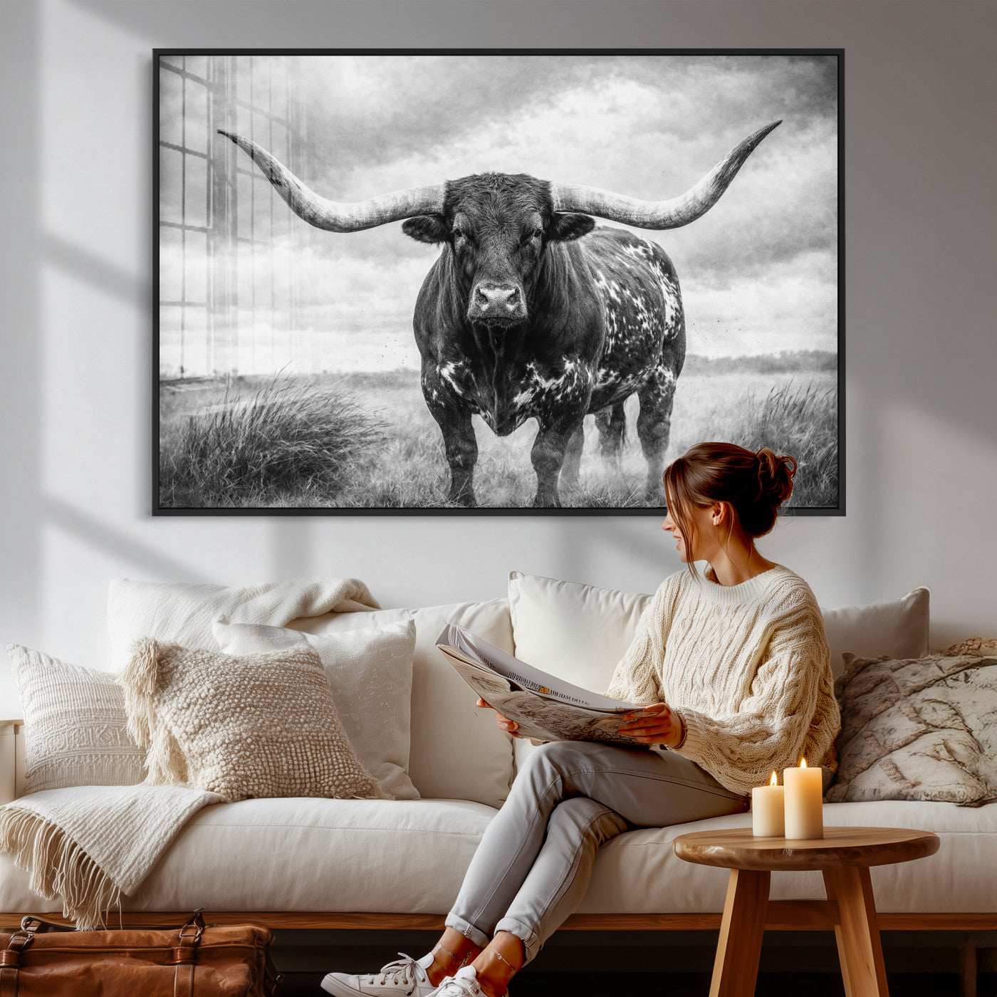 19951238-MGV-CV-36X24 - Texas Longhorn Canvas Wall Art Western Bull Desert Moody Grey Overcast Rustic Farmhouse Framed Large for Living Room Bedroom Office Decor