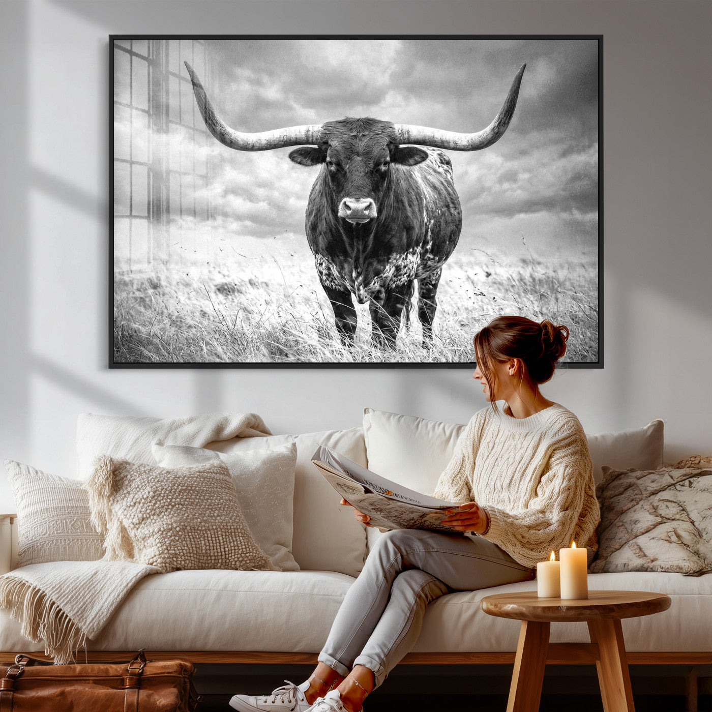 63336115-MGV-CV-36X24 - Texas Longhorn Canvas Wall Art Western Bull Desert Moody Grey Overcast Rustic Farmhouse Framed Large for Living Room Bedroom Office Decor