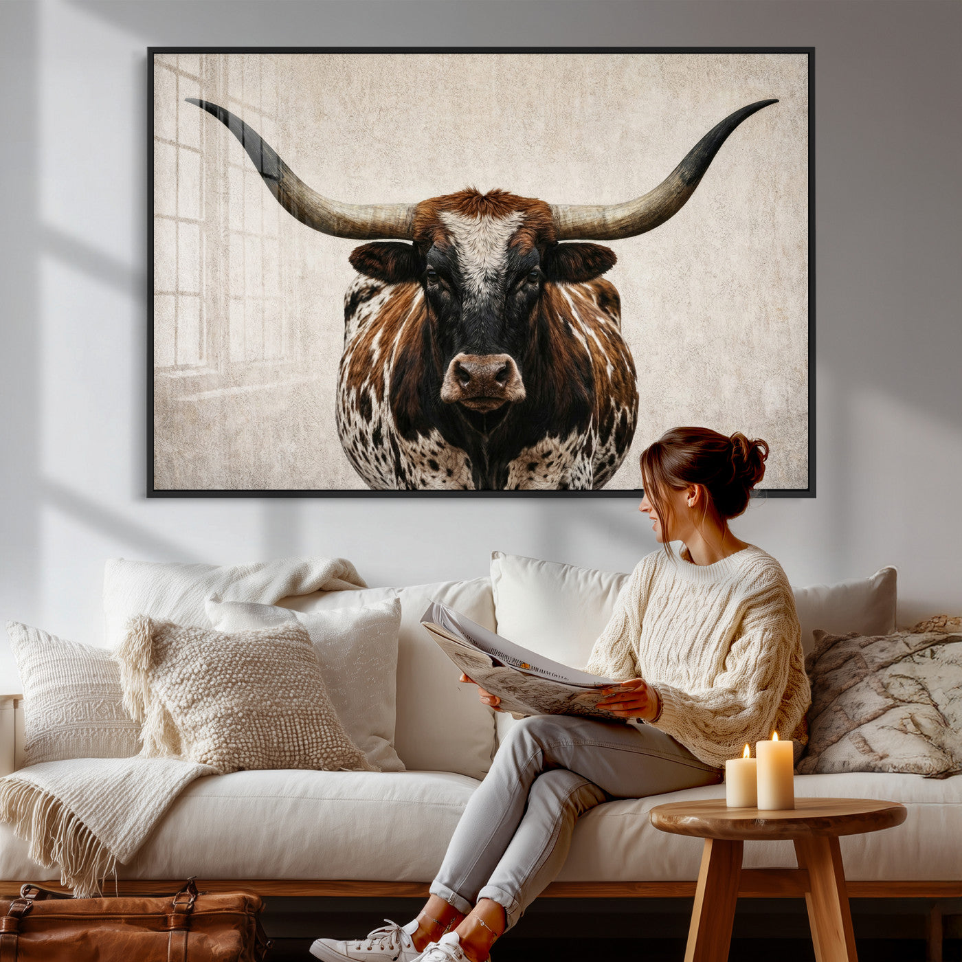 58622065-MGV-CV-36X24 - Texas Longhorn Canvas Wall Art Western Bull Desert Moody Grey Overcast Rustic Farmhouse Framed Large for Living Room Bedroom Office Decor