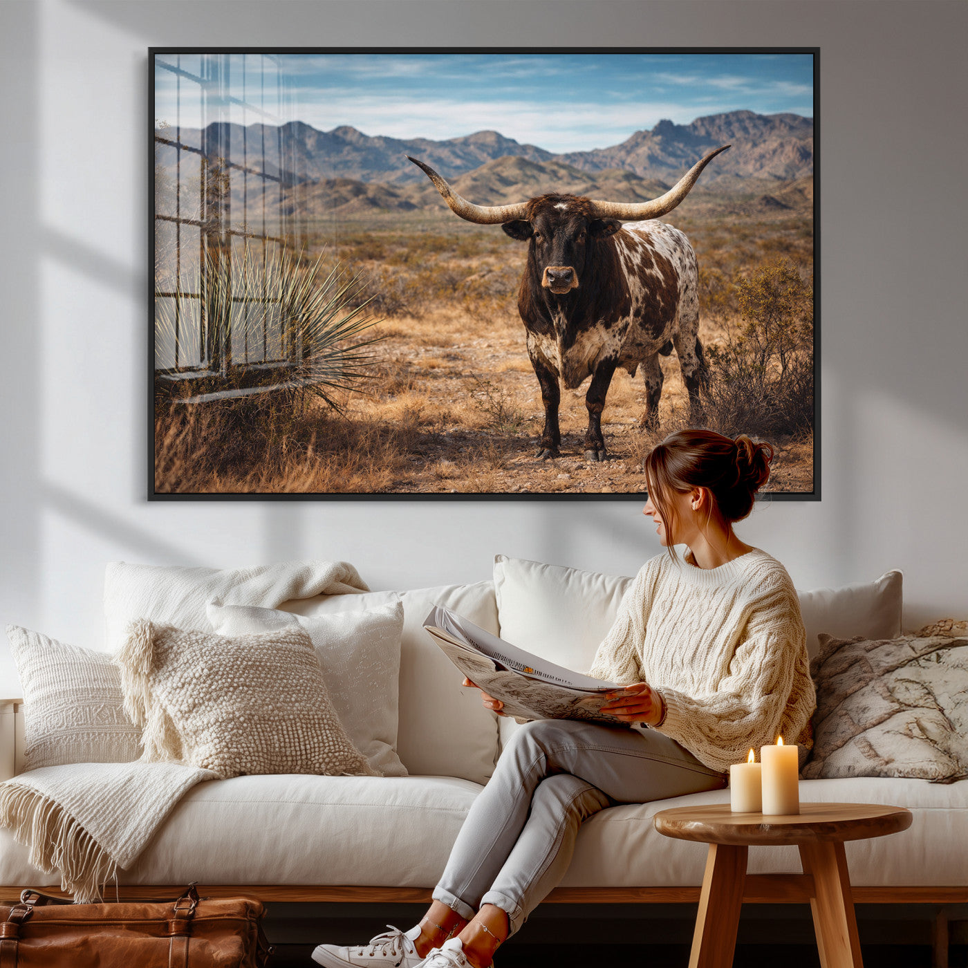 26448918-MGV-CV-36X24 - Texas Longhorn Canvas Wall Art Western Bull Desert Moody Grey Overcast Rustic Farmhouse Framed Large for Living Room Bedroom Office Decor