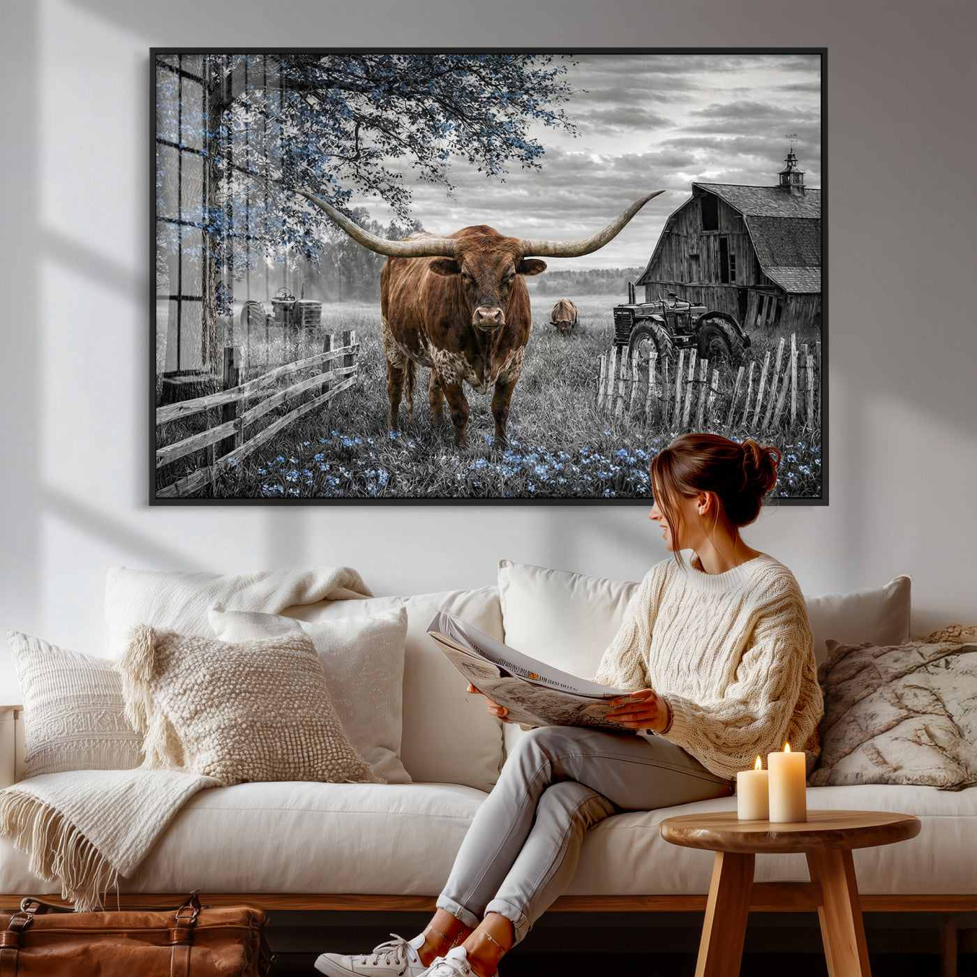 19366343-MGV-CV-36X24 - Texas Longhorn Canvas Wall Art, Rustic Farm Barn Bluebonnet Photography Print, Farmhouse Country Decor, Western Ranch Art, Old Truck Tractor Print