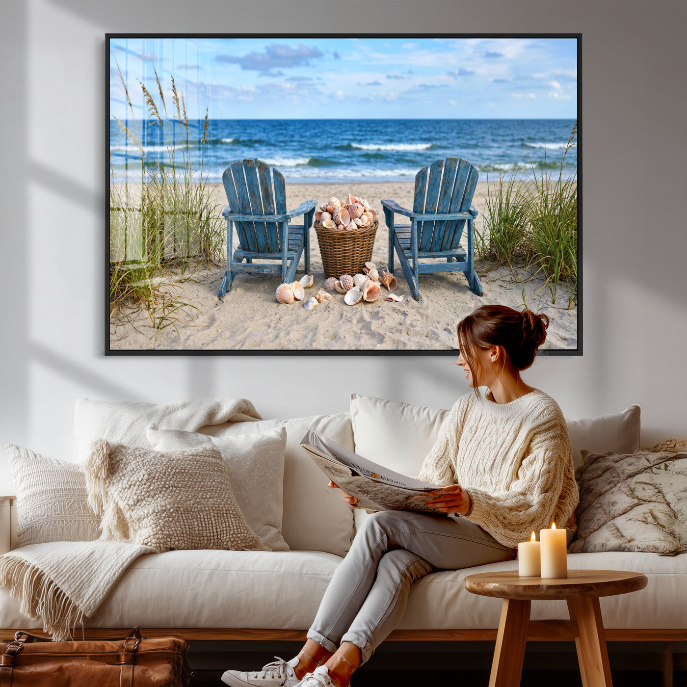 80268829-MGV-CV-36X24 - Large Beach Canvas Wall Art Coastal Adirondack Chairs Ocean Seashells Blue Nautical Framed Large for Living Room Bedroom Bathroom Decor