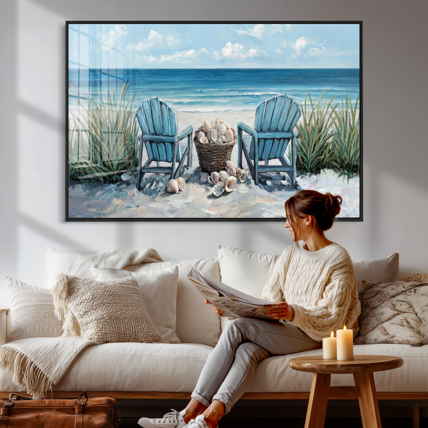 11973028-MGV-CV-36X24 - Beach Canvas Wall Art Coastal Adirondack Chairs Ocean Seashells Blue Nautical Framed Large for Living Room Bedroom Bathroom Decor