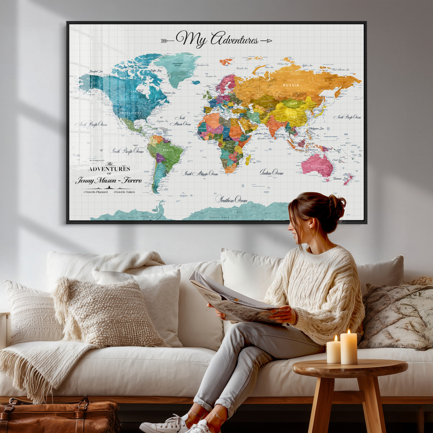 56239817-MGV-CV-36X24 - Custom Push Pin Watercolor World Map Canvas Wall Art Print – Abstract Colorful Travel Wall Decor