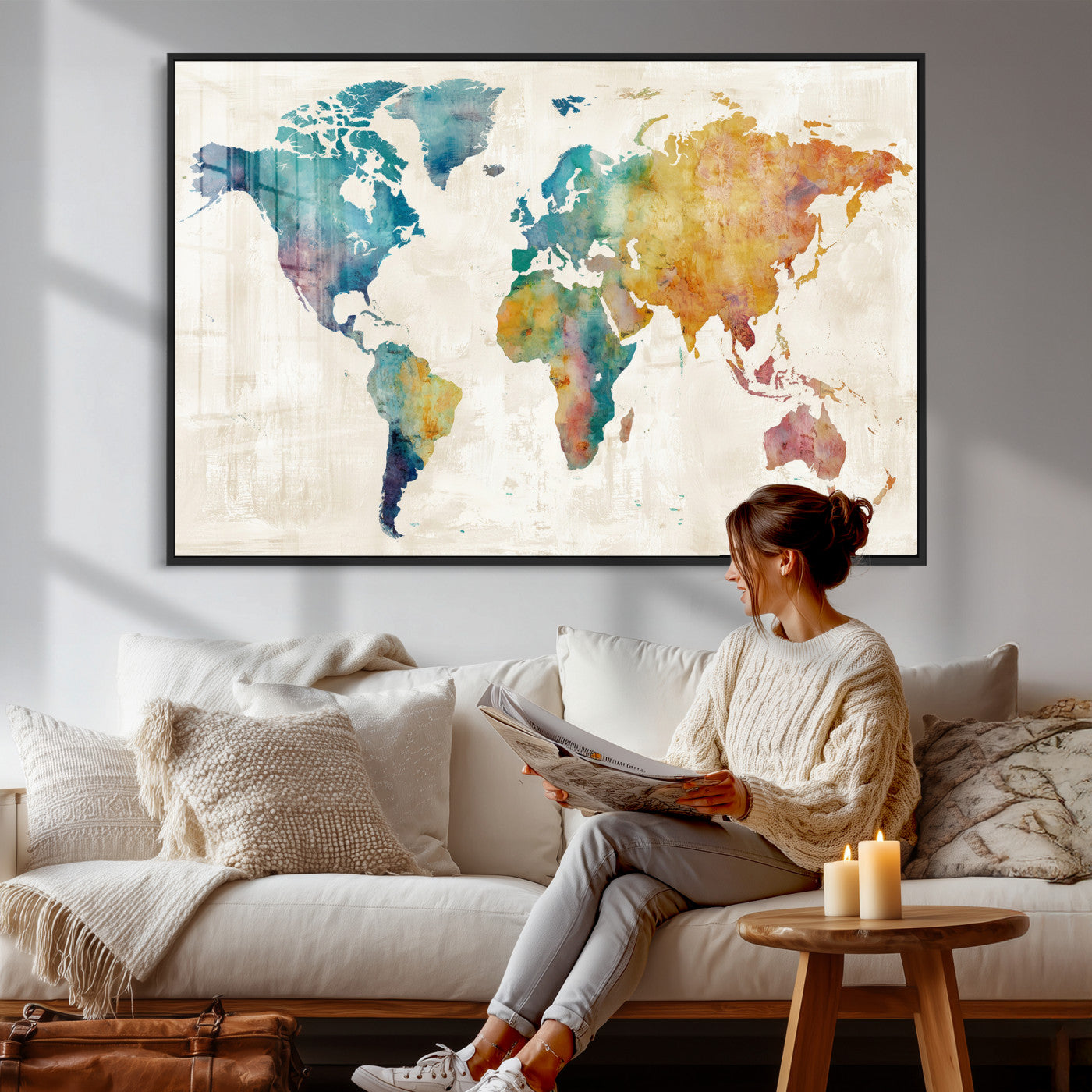 56556018-MGV-CV-36X24 - Watercolor World Map Canvas Wall Art Print – Abstract Colorful Travel Wall Decor