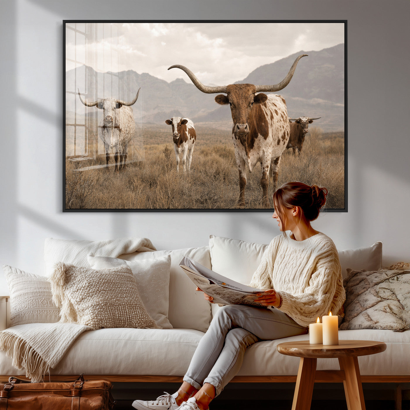 62336425AD-MGV-CV-36X24 - Rustic Texas Longhorn Cow Canvas Wall Art Print, Rustic Farm Animal Photography Print, Farmhouse Country Decor, Western Ranch Art