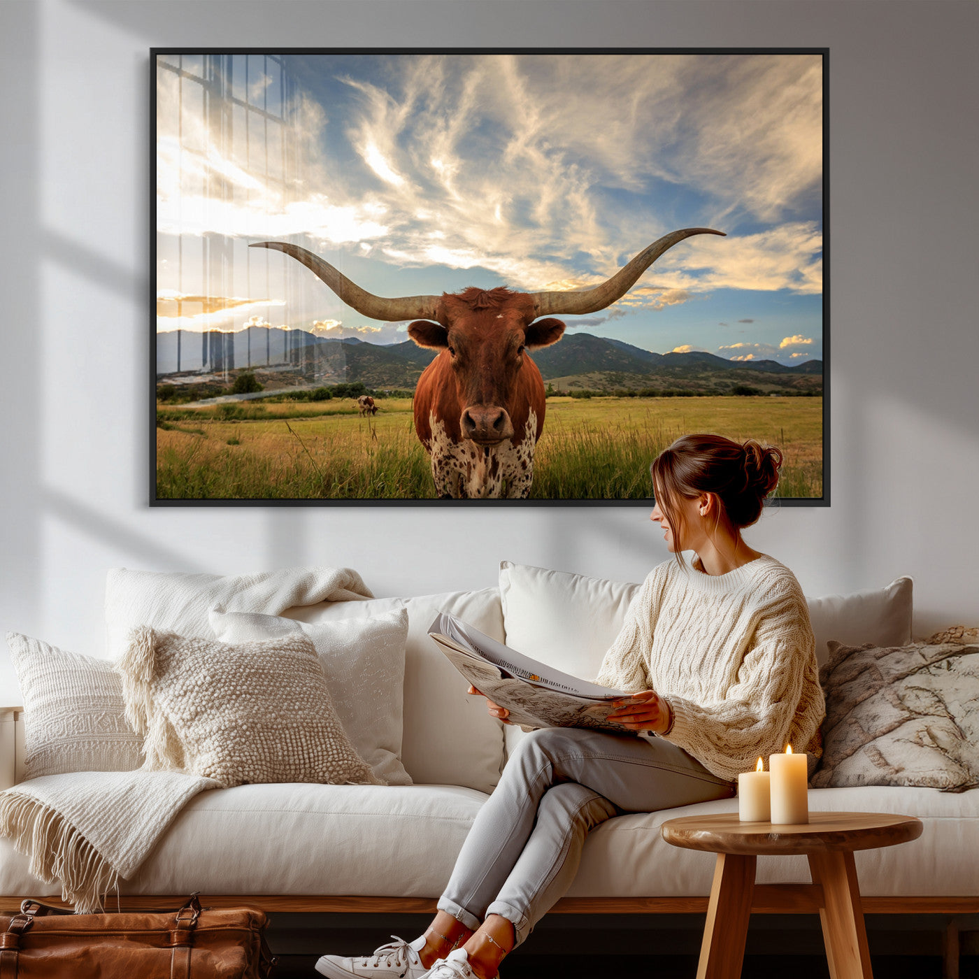 55416-MGV-CV-36X24 - Texas Longhorn Canvas Wall Art – Majestic Triptych Animal Print – Rustic Western Decor for Living Room