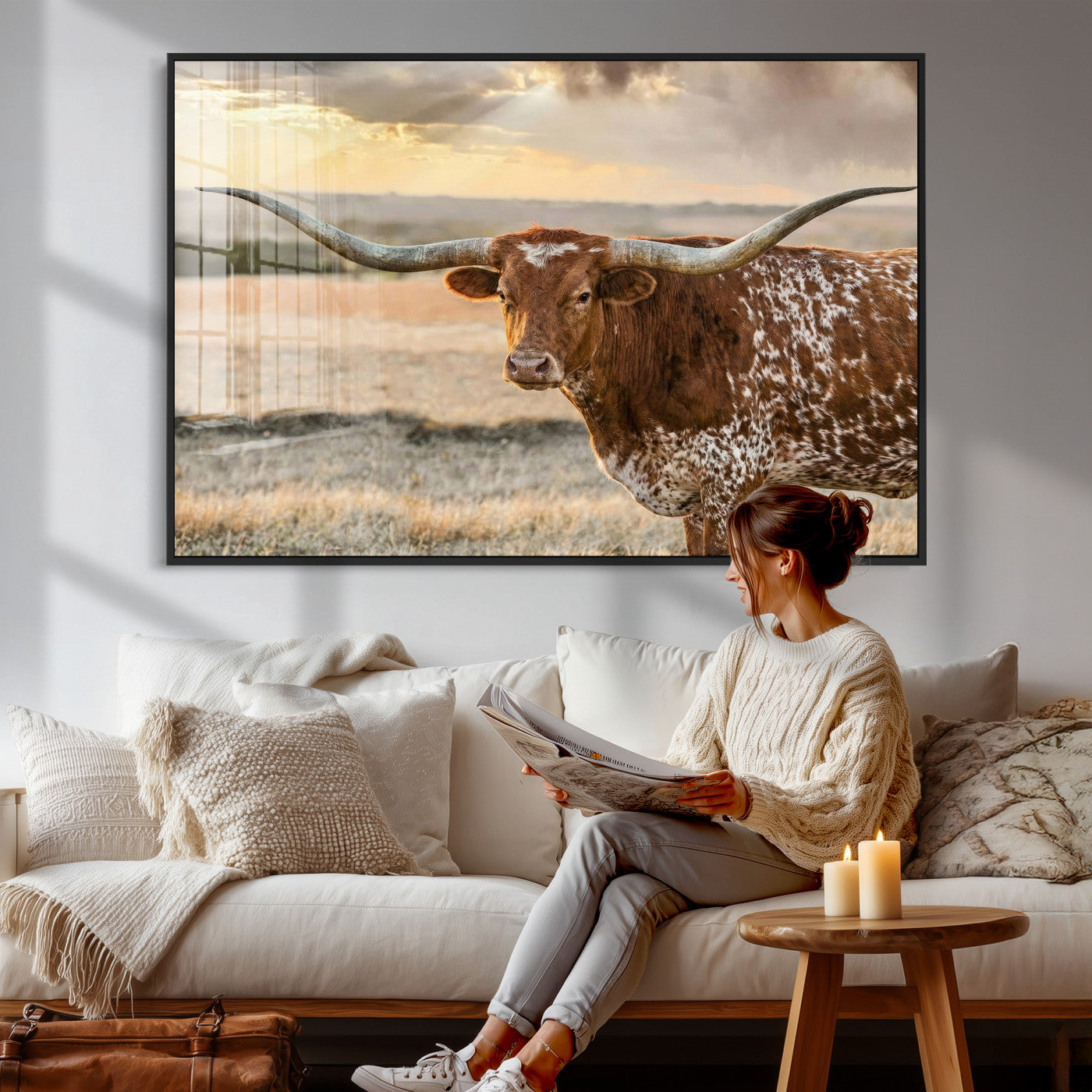 42715-MGV-CV-36X24 - Texas Longhorn Wall Art Canvas Print, Rustic Ranch Decor, Majestic Western Longhorn Cattle