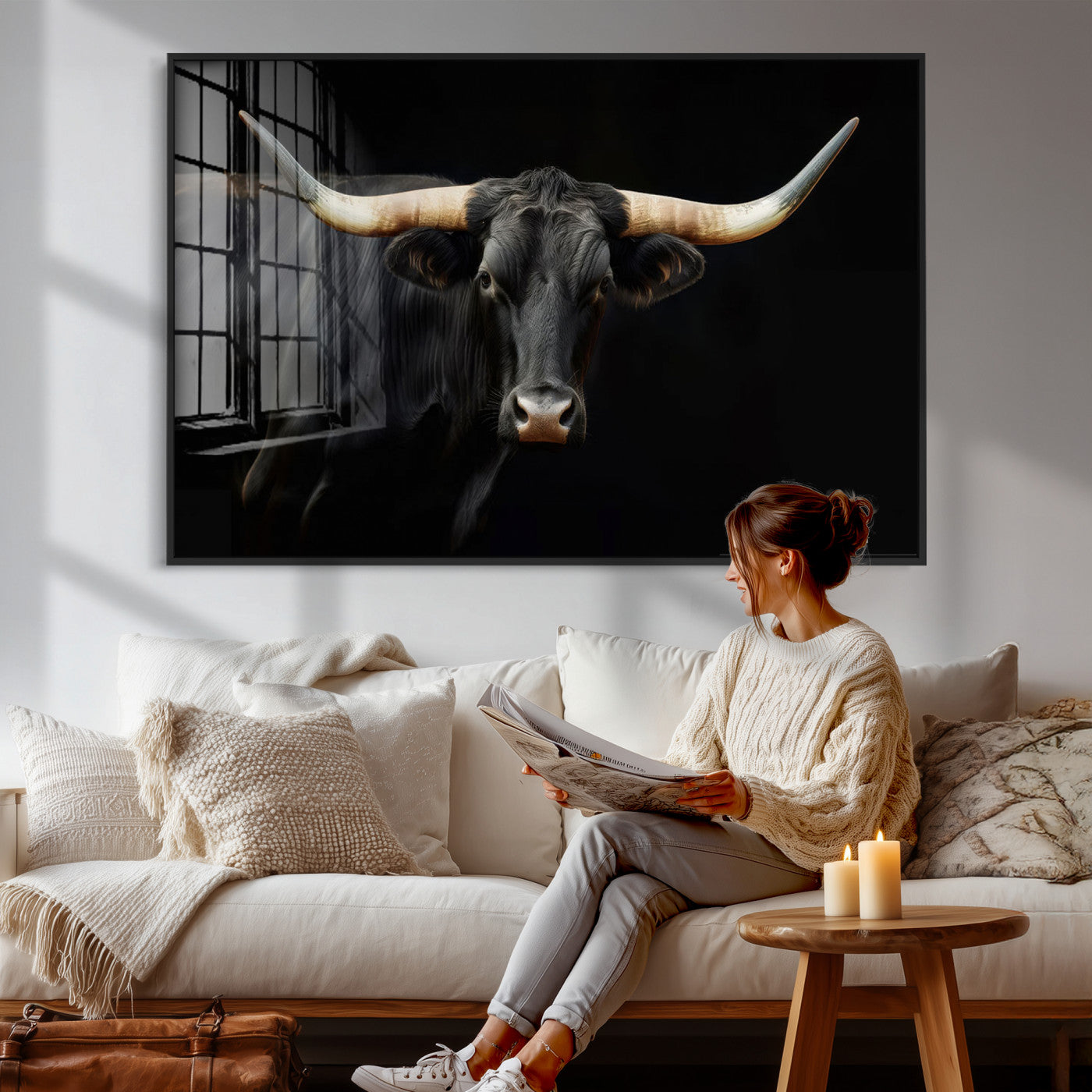 63798-MGV-CV-36X24 - Texas Longhorn Cow | Majestic Black Bull Wall Art Canvas Print - Farmhouse Animal Decor - Ready to