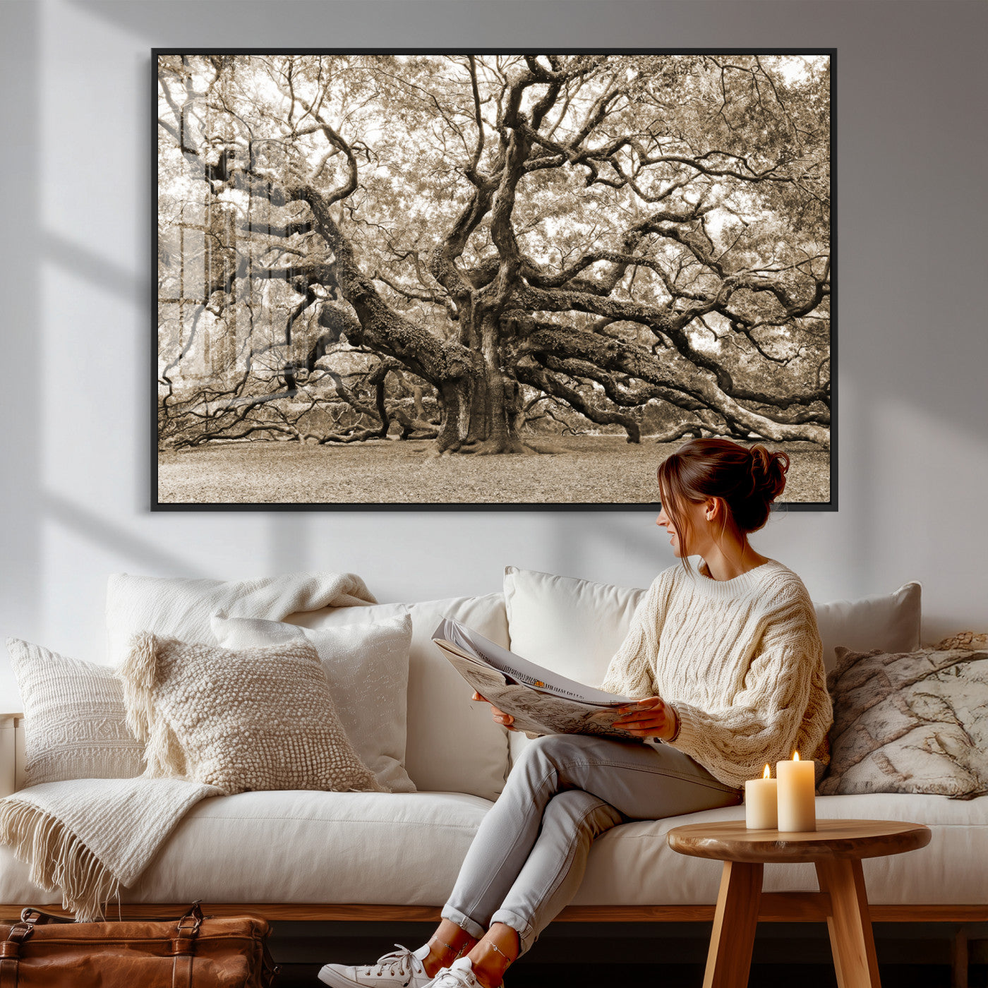 51126-MGV-CV-36X24 - Sepia Framed Angel Oak Tree Wall Art - 3-Panel Canvas Prints, Large Green Nature Artwork, Ready to