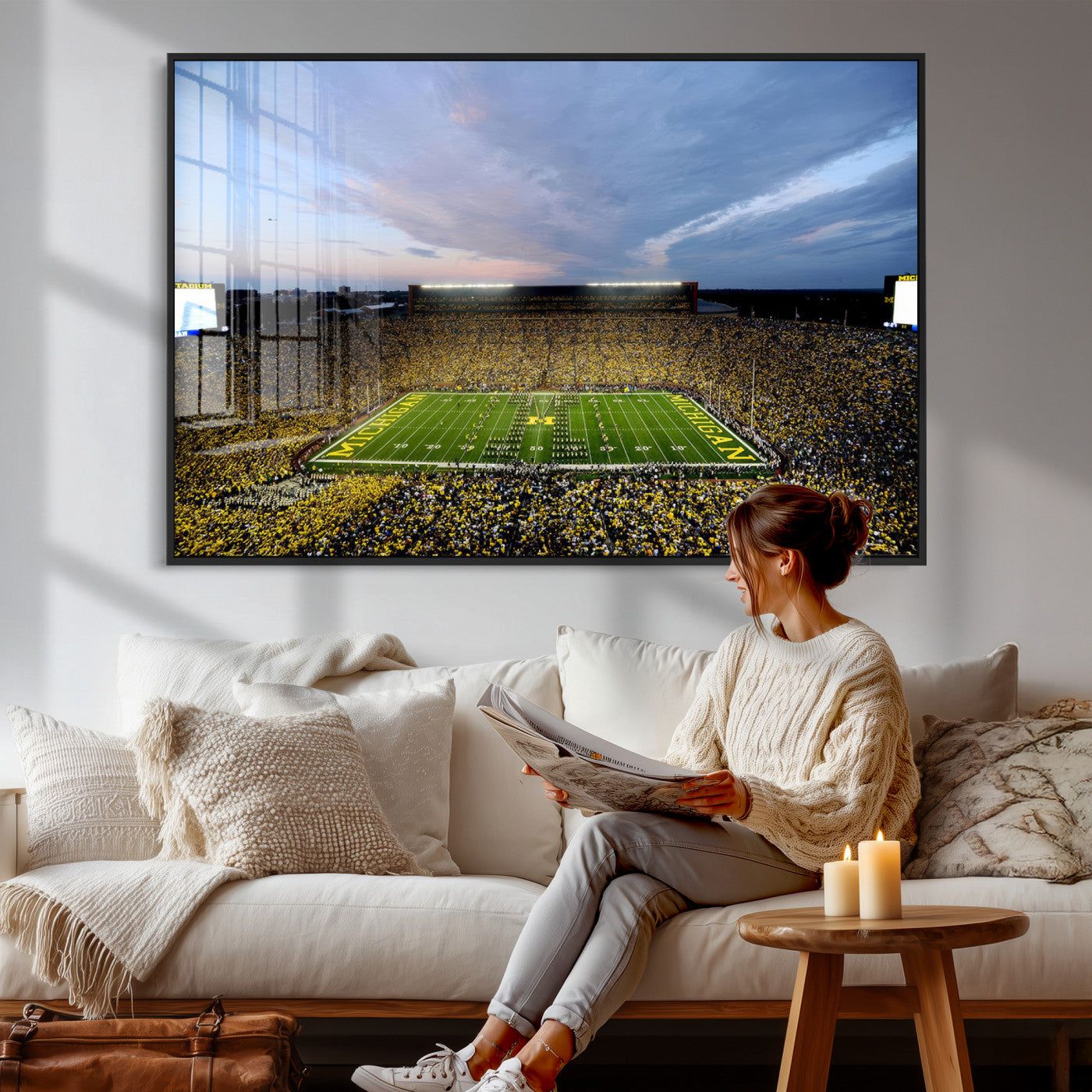 82641-MGV-CV-36X24 - Michigan Stadium Wall Art Canvas Print, Vibrant Game Day Crowd and Sunset Sky Football Field Artwork for Home, Office