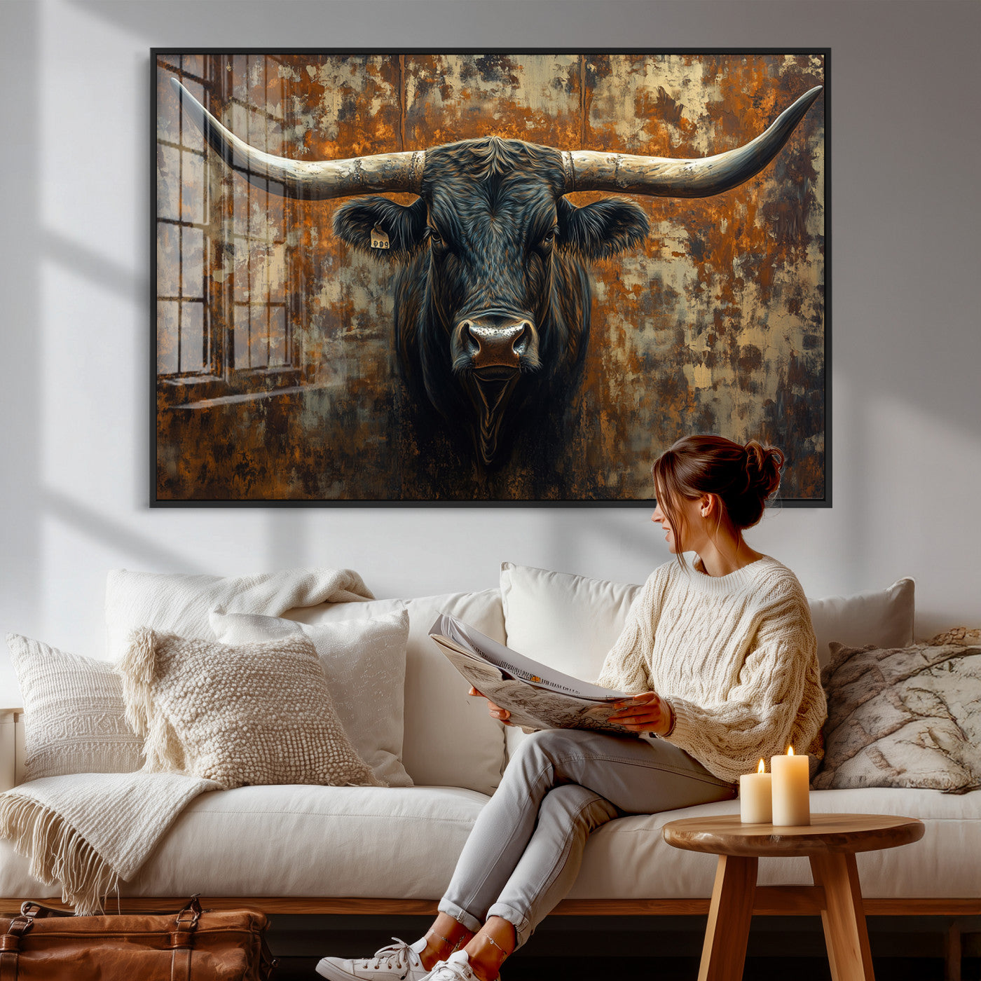 68068-MGV-CV-36X24 - Longhorn Texas Cow Bull Wall Art | Rustic Farmhouse Canvas Print | Ready to Hang Barn Decor for
