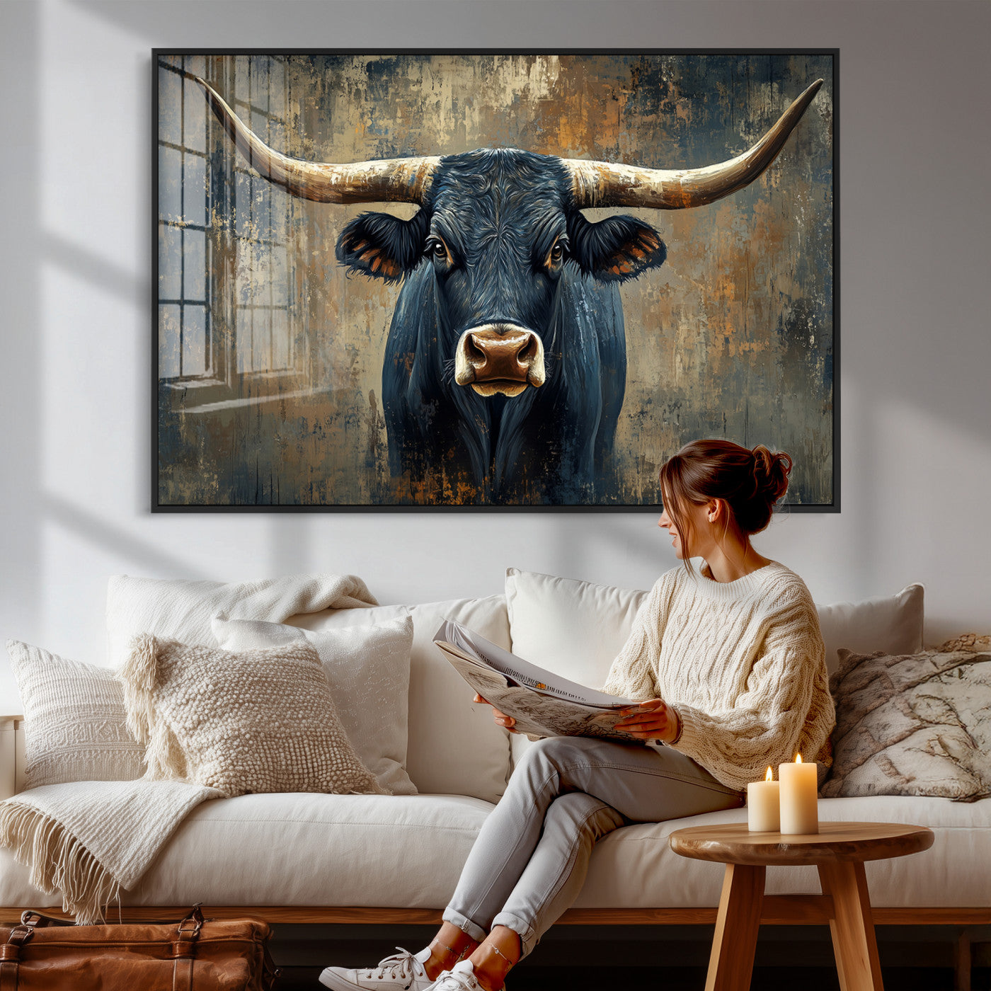 42026-MGV-CV-36X24 - Texas Western Wall Art Canvas Print - Abstract Cow Longhorn Bull Wall Art Canvas Print - Rustic Cow