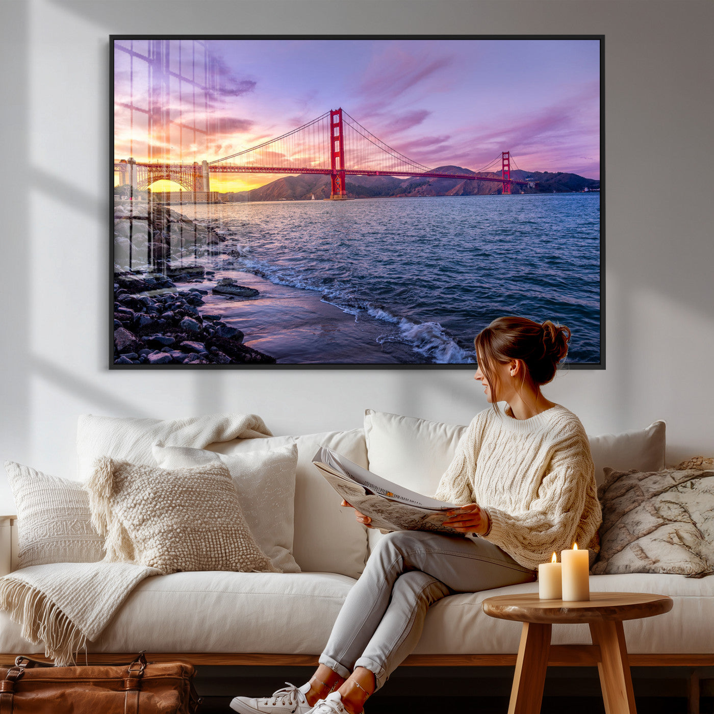24256-MGV-CV-36X24 - Golden Gate Bridge Wall Art Print, San Francisco Sunset Canvas Wall Art, Cityscape Canvas Print for