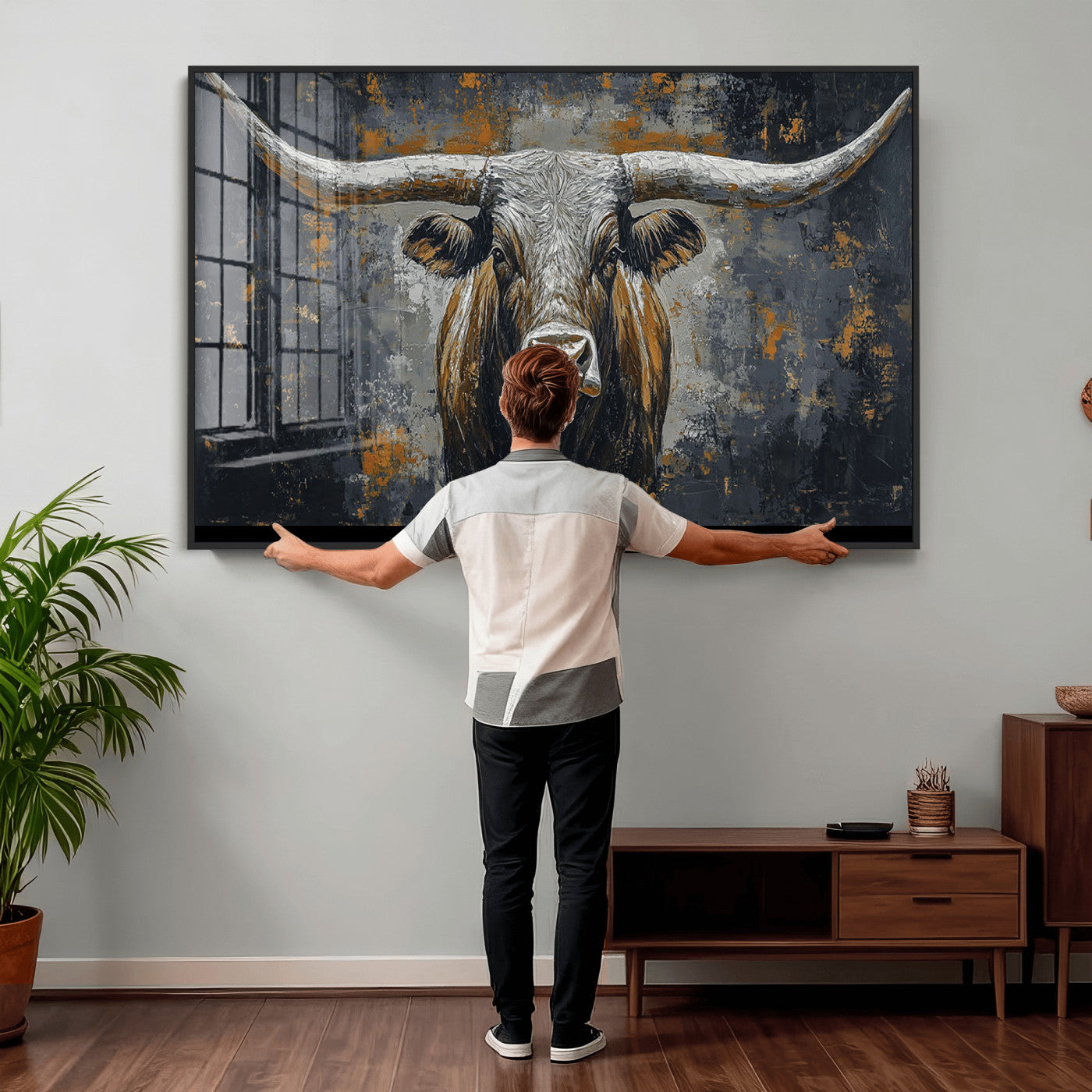 73972561-MGV-CV-36X24 - Bold Bull Wall Art Canvas – Striking Portrait with Wide Horns and Rich Brown Hues, Rustic Farmhouse and Western Decor for Home Room