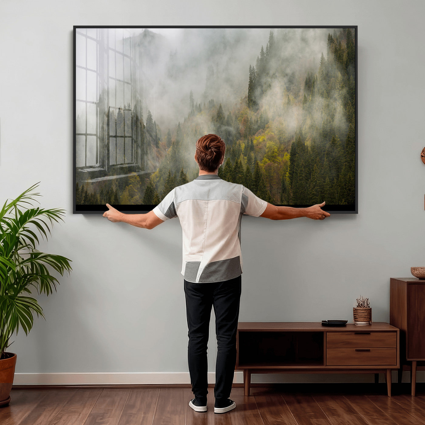 31152954-MGV-CV-36X24 - Misty Mountain Forest Canvas Print, Foggy Pine Trees Nature Wall Art, Framed Canvas Ready to Hang