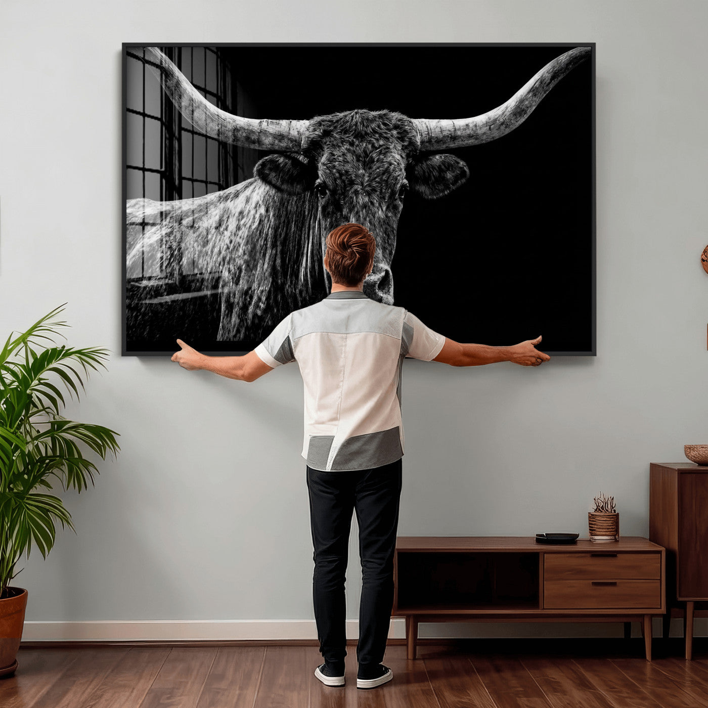 86568508-MGV-CV-36X24 - Vintage Texas Longhorn Bull Wall Art Canvas Print, Texas Cow Portrait Print, Framed Bull Wall Art Ready to Hang
