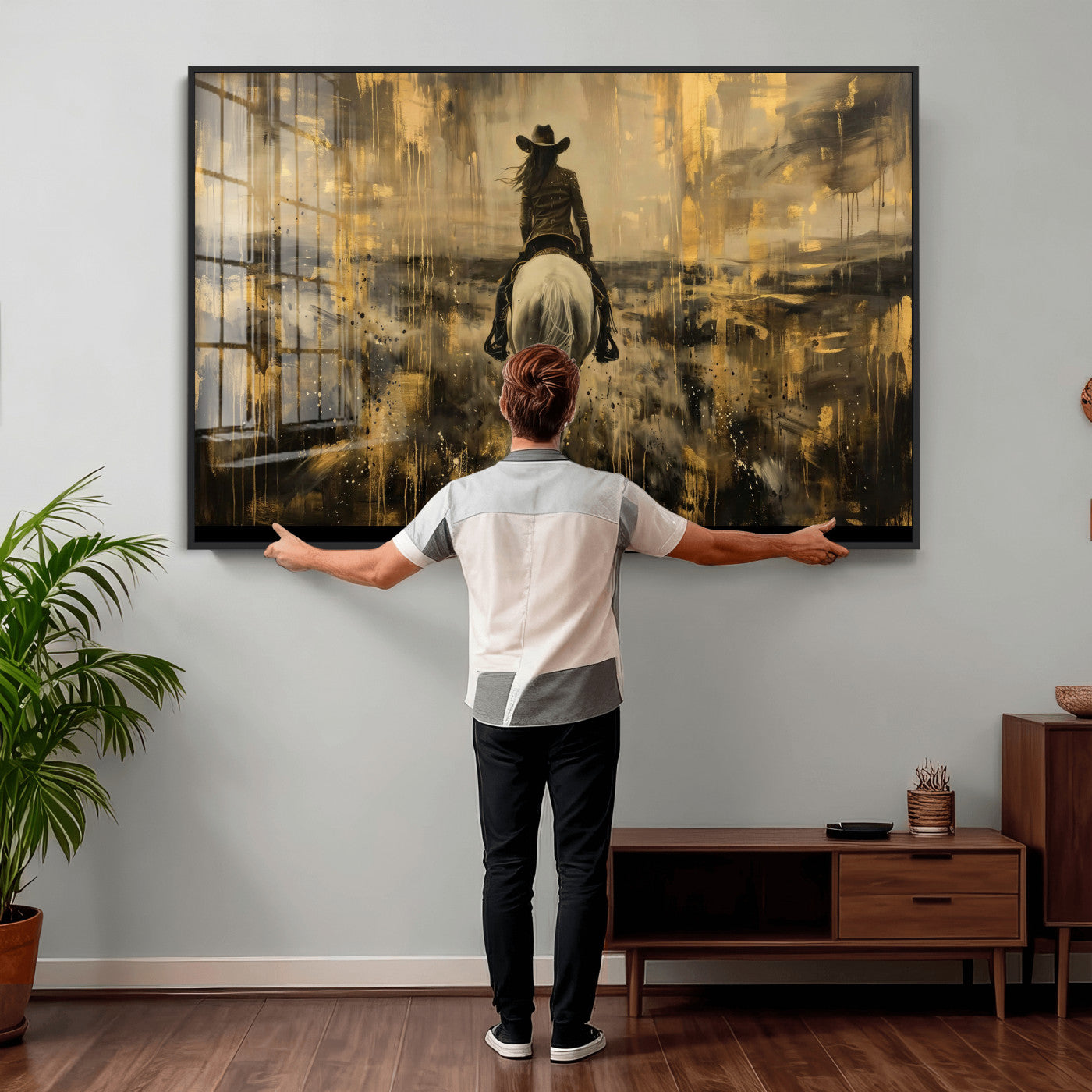 20465530-MGV-CV-36X24 - Cowgirl Wall Art Canvas Print, Western Horse Rider Wall Art, Framed Wall Art Ready to Hang