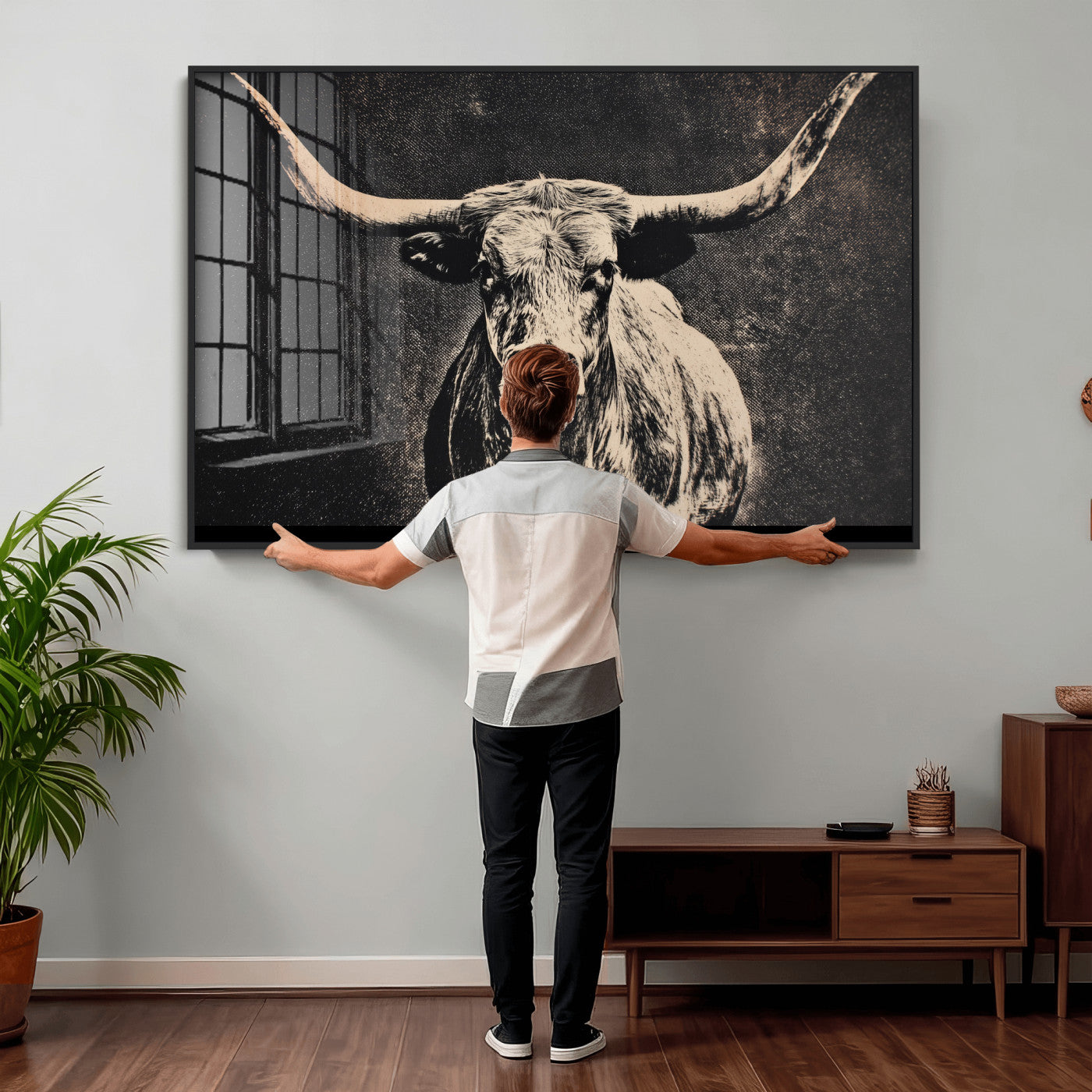 27394218-MGV-CV-36X24 - Vintage Texas Longhorn Bull Wall Art Canvas Print, Cow Portrait Photography Print, Framed Wall Art Ready to Hang