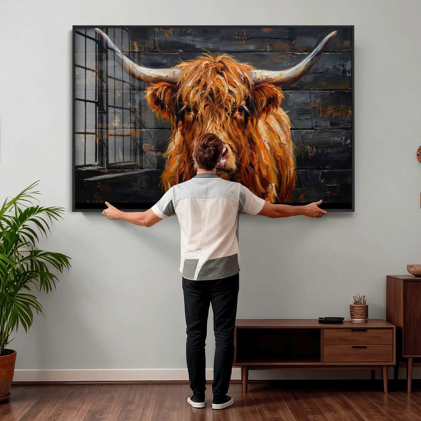 32536611-MGV-CV-36X24 - Highland Cow Wall Art Canvas Print, Rustic Farm Animal Painting, Framed Wall Art Ready to Hang