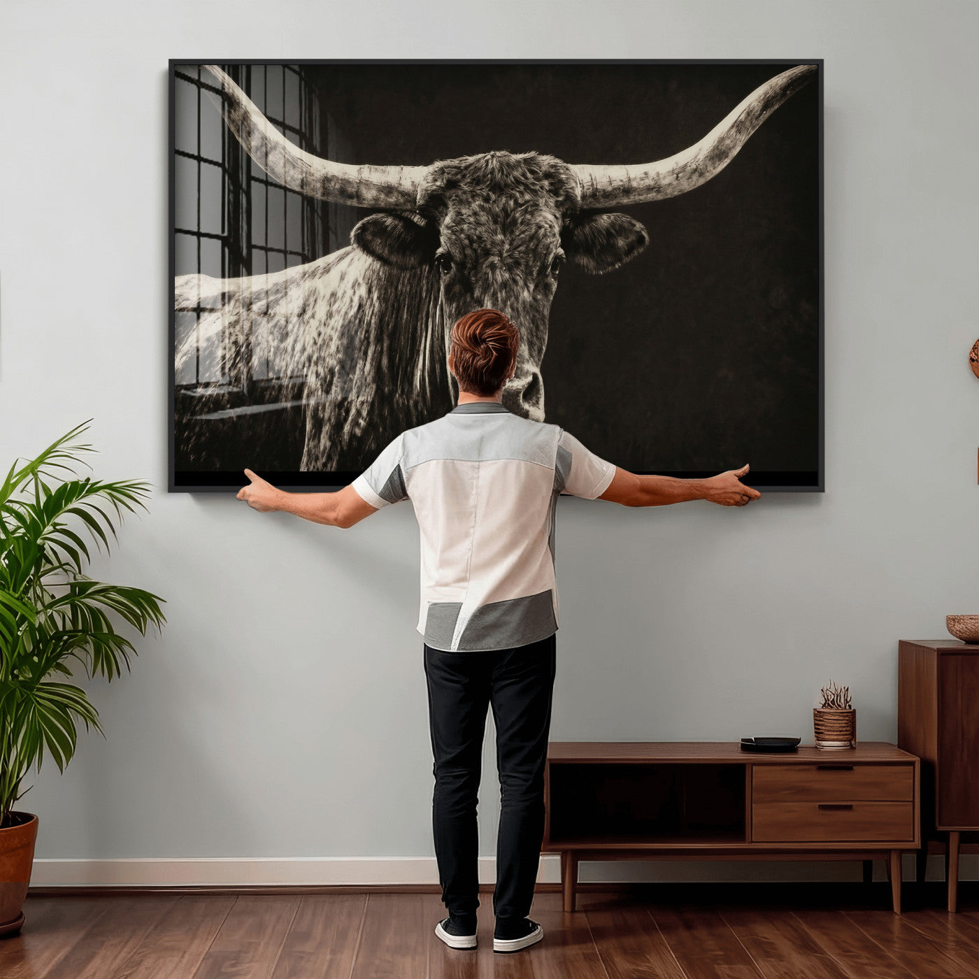 74513721-MGV-CV-36X24 - Vintage Texas Longhorn Bull Wall Art Canvas Print, Cow Portrait Photography Print, Framed Wall Art Ready to Hang
