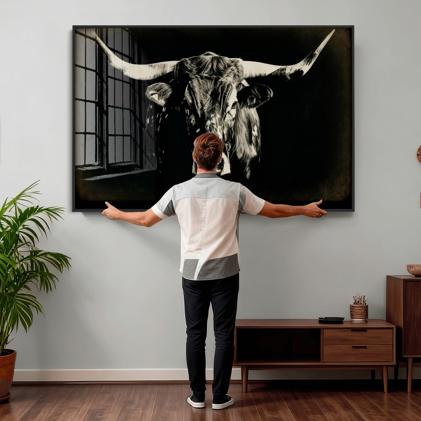 91364114-MGV-CV-36X24 - Black Bull Wall Art Canvas Print, Texas Longhorn Portrait Print, Framed Wall Art Ready to Hang